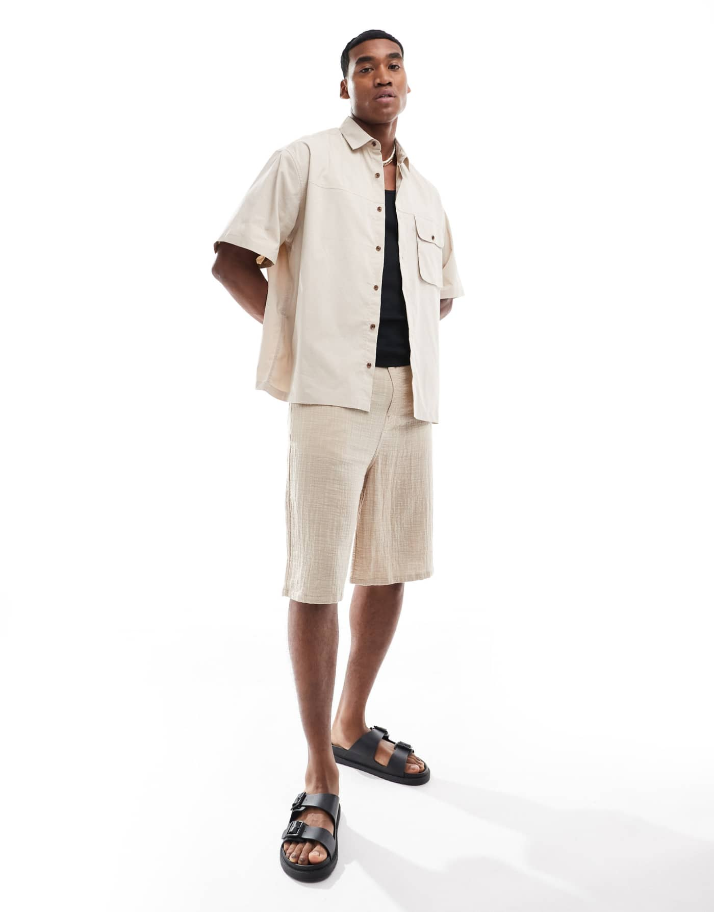 ASOS DESIGN shirt with cargo pockets in stone