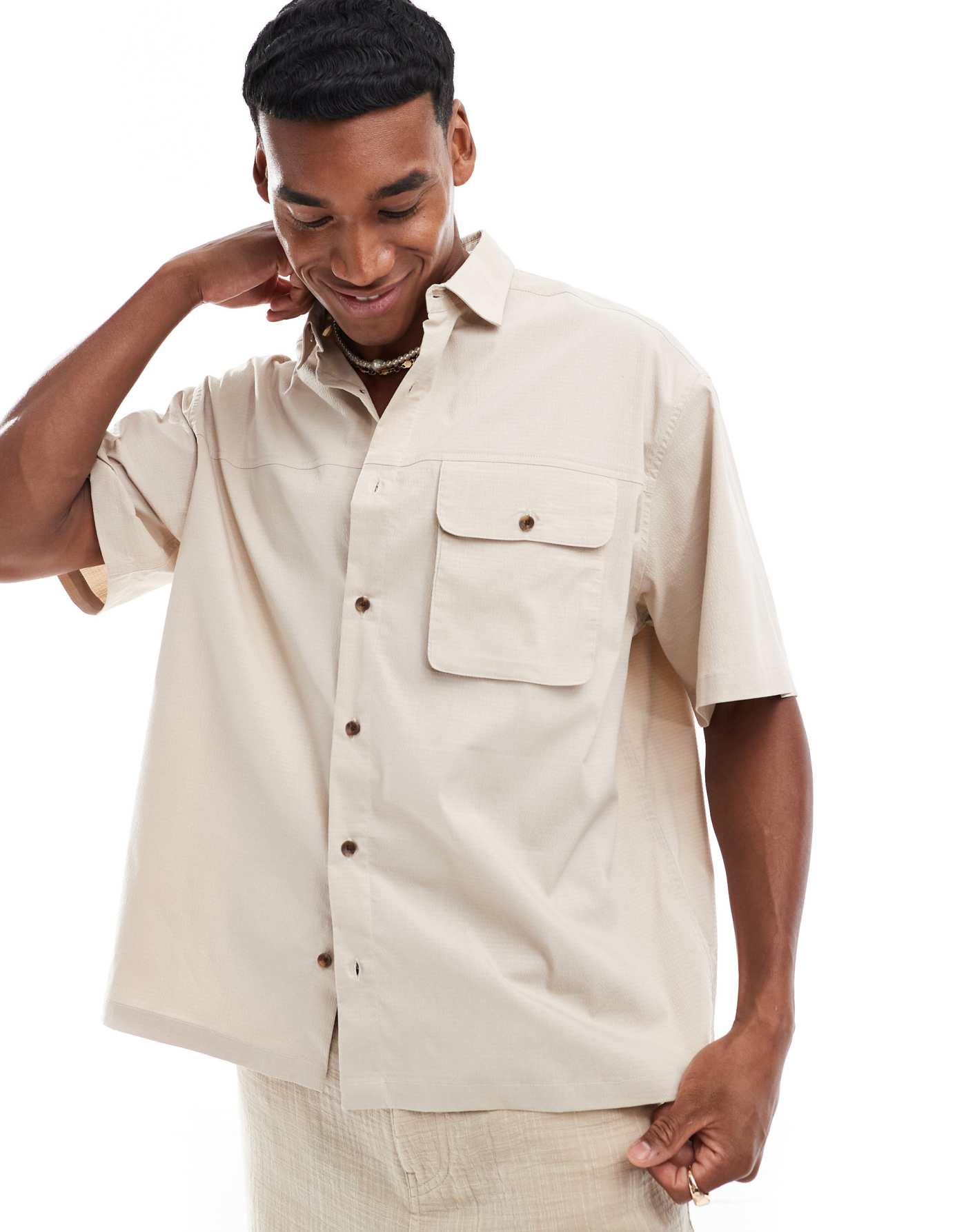 ASOS DESIGN shirt with cargo pockets in stone