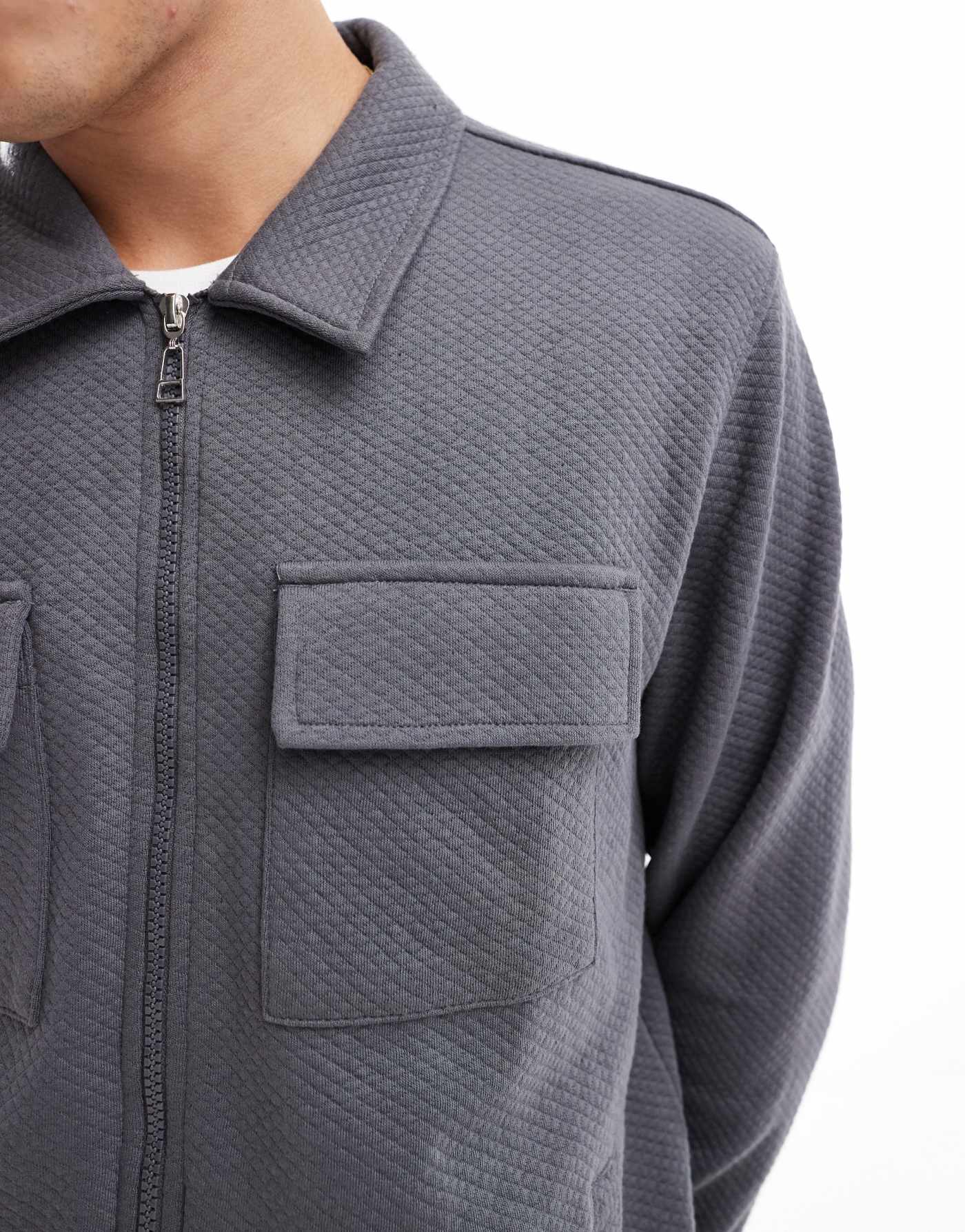 Threadbare full zip textured overshirt in grey