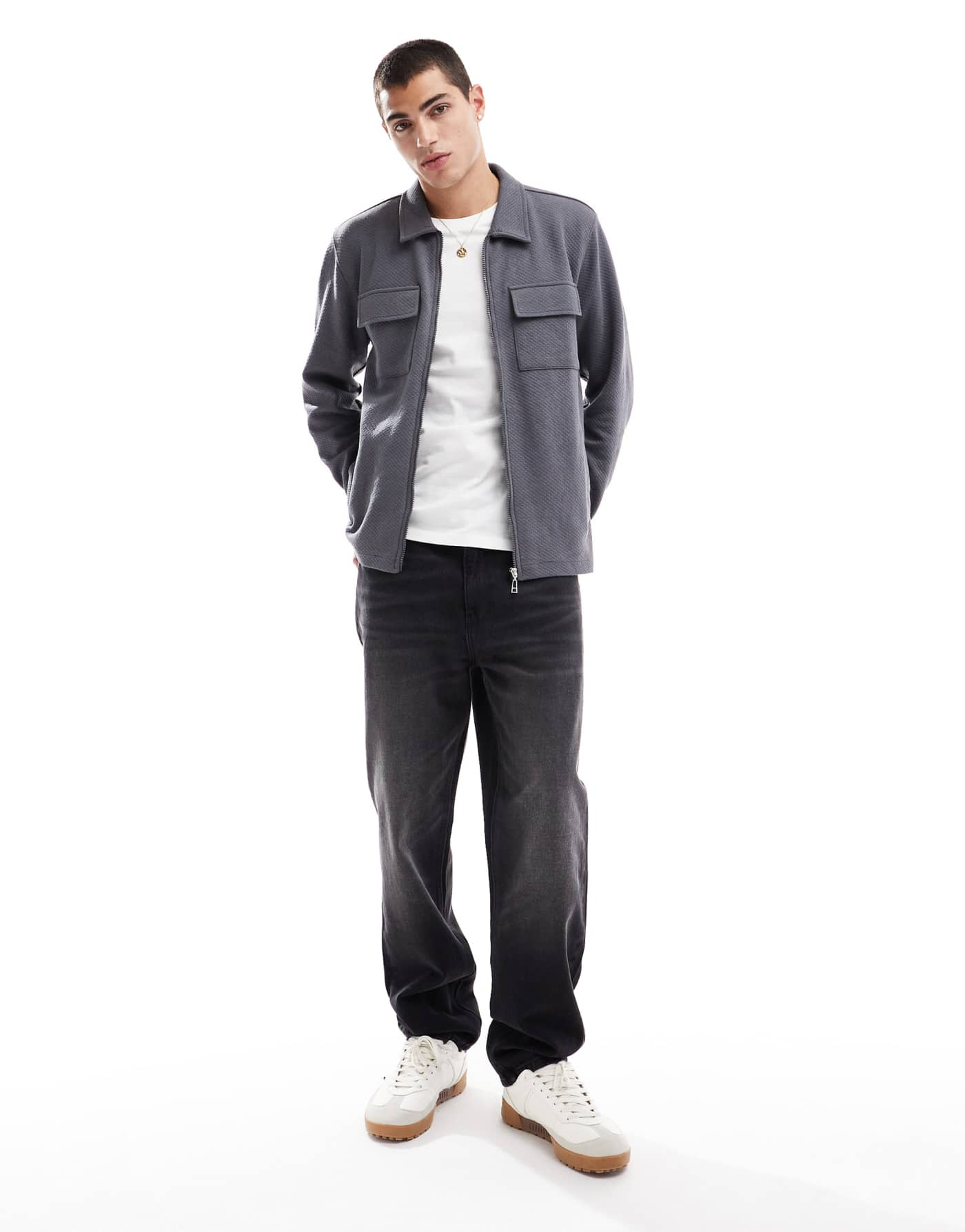 Threadbare full zip textured overshirt in grey