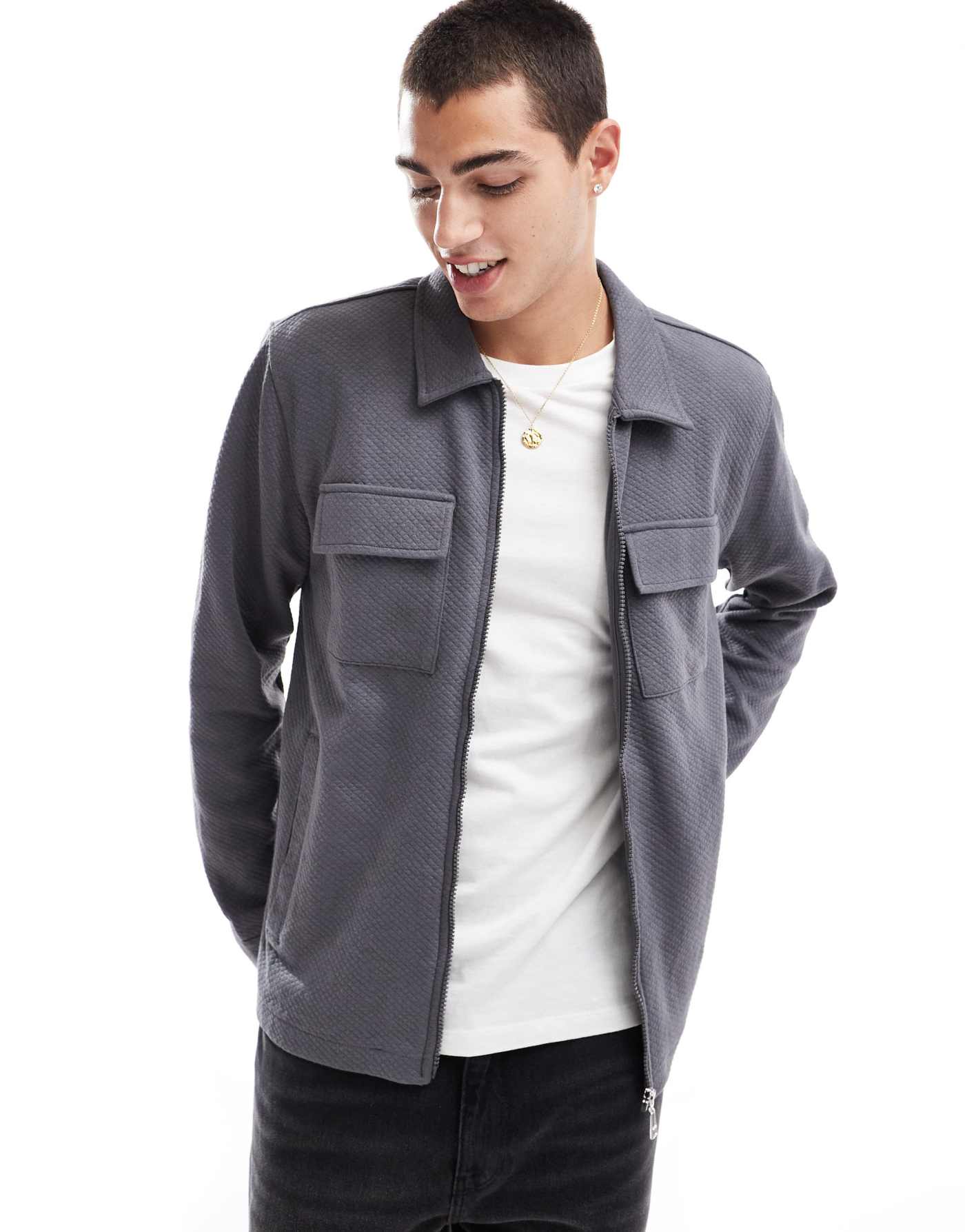 Threadbare full zip textured overshirt in grey