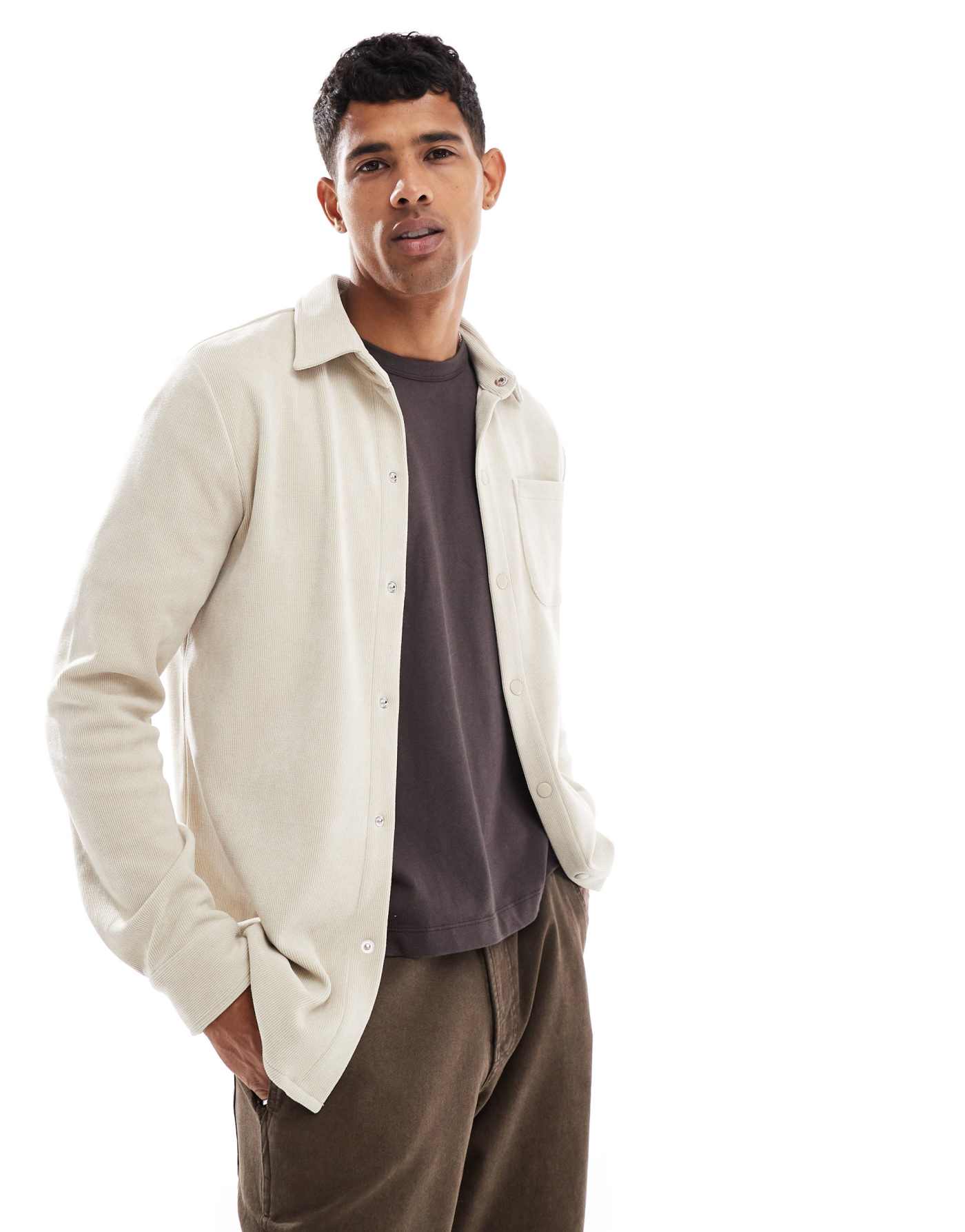 Brave Soul cord overshirt in stone