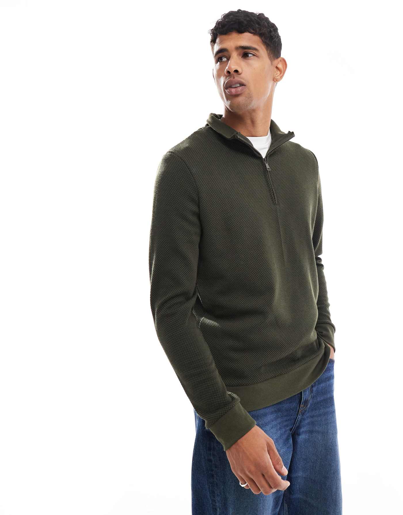 Brave Soul textured half zip sweatshirt in khaki