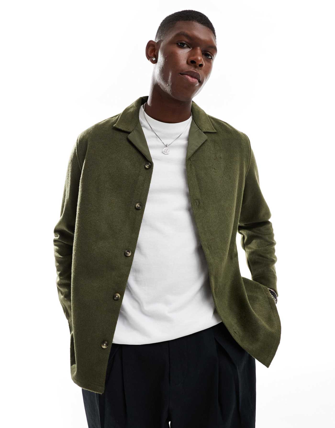 ASOS DESIGN brushed wool look overshirt with revere collar in khaki