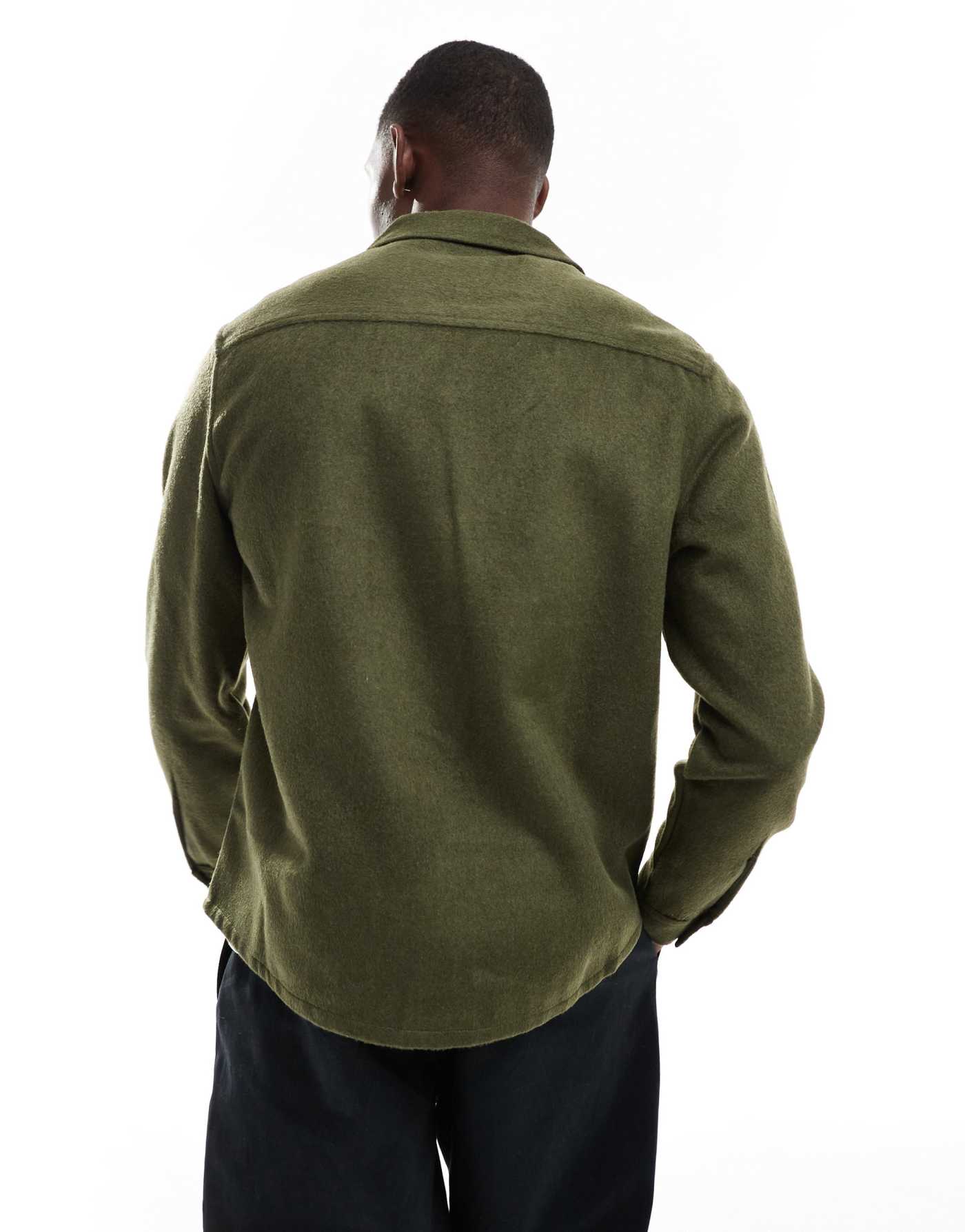 ASOS DESIGN brushed wool look overshirt with revere collar in khaki