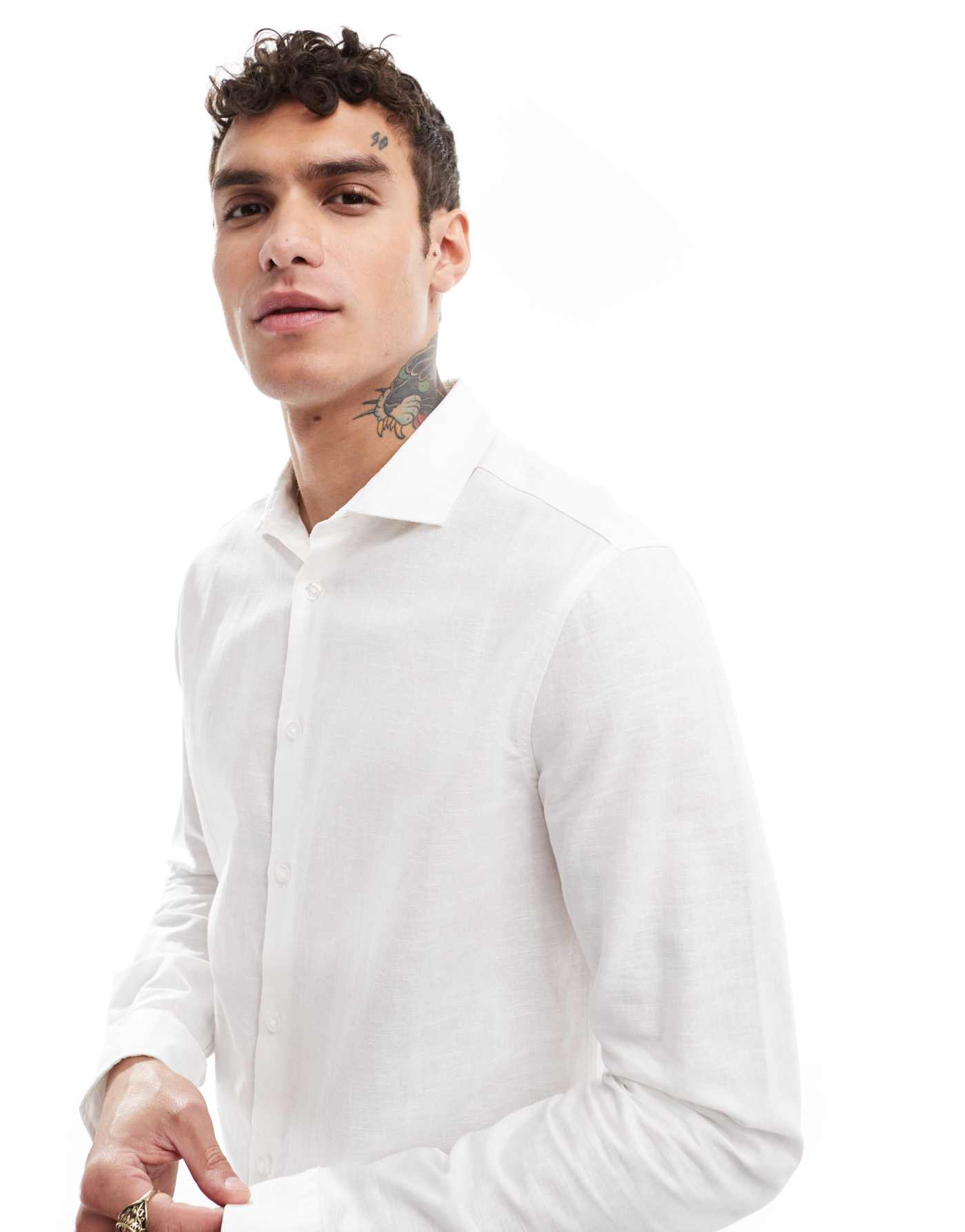 ASOS DESIGN smart linen blend shirt with cutaway collar in white