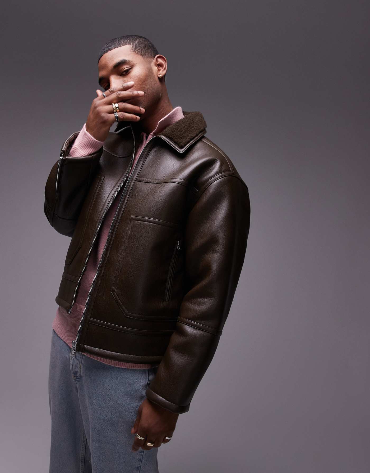 Topman shearling jacket with shearling pocket detail in brown