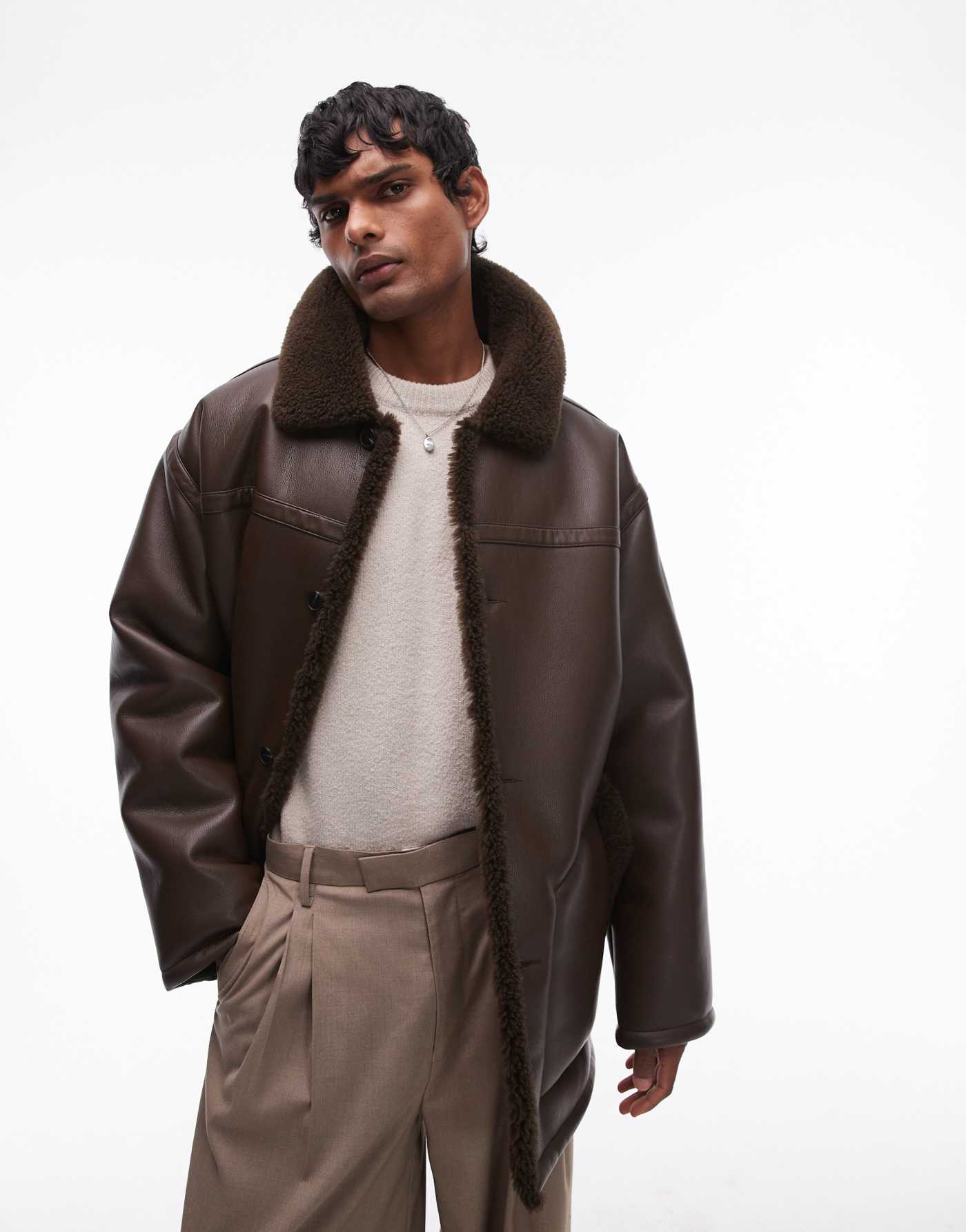 Topman faux shearling jacket with shearling collar in brown