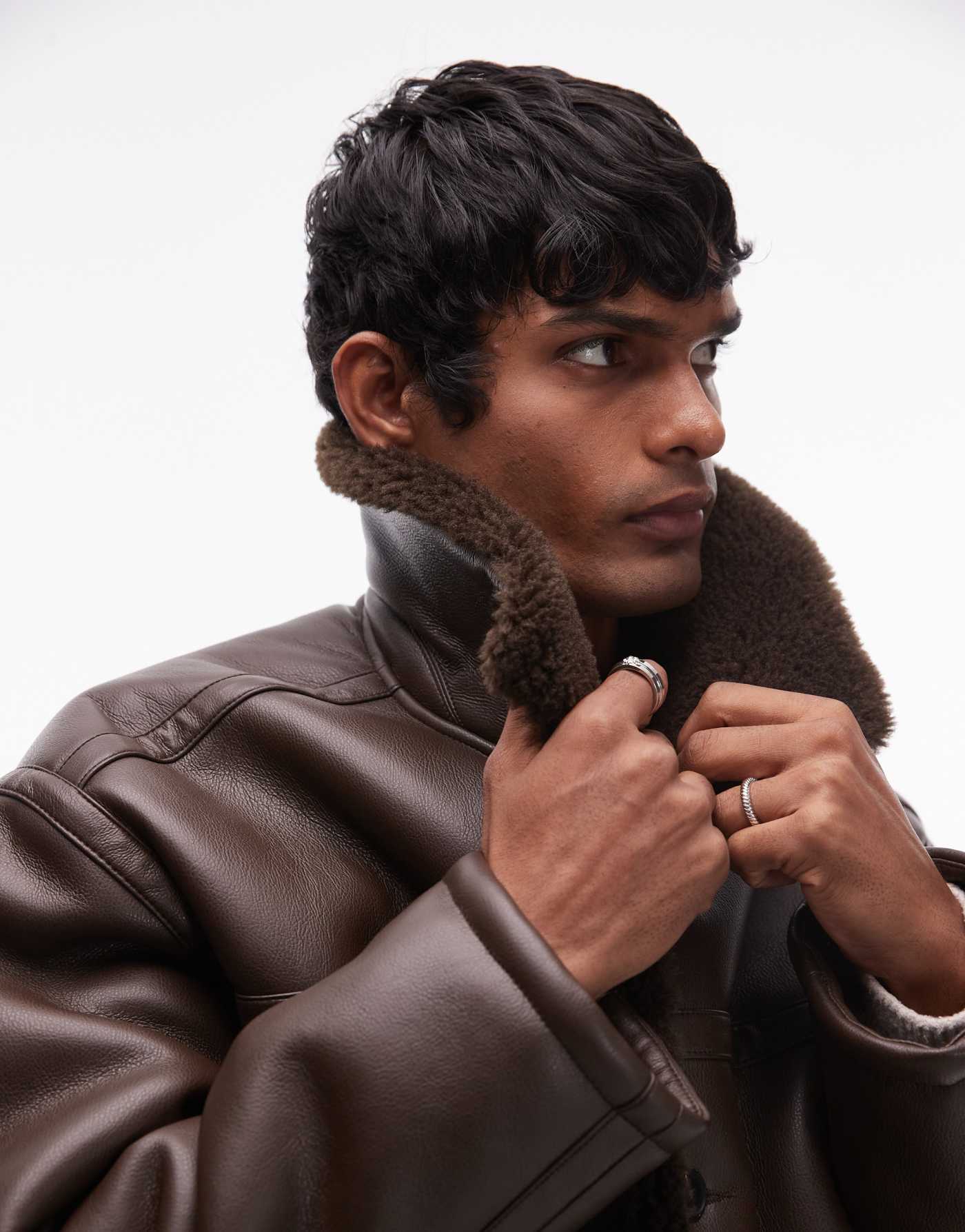 Topman faux shearling jacket with shearling collar in brown