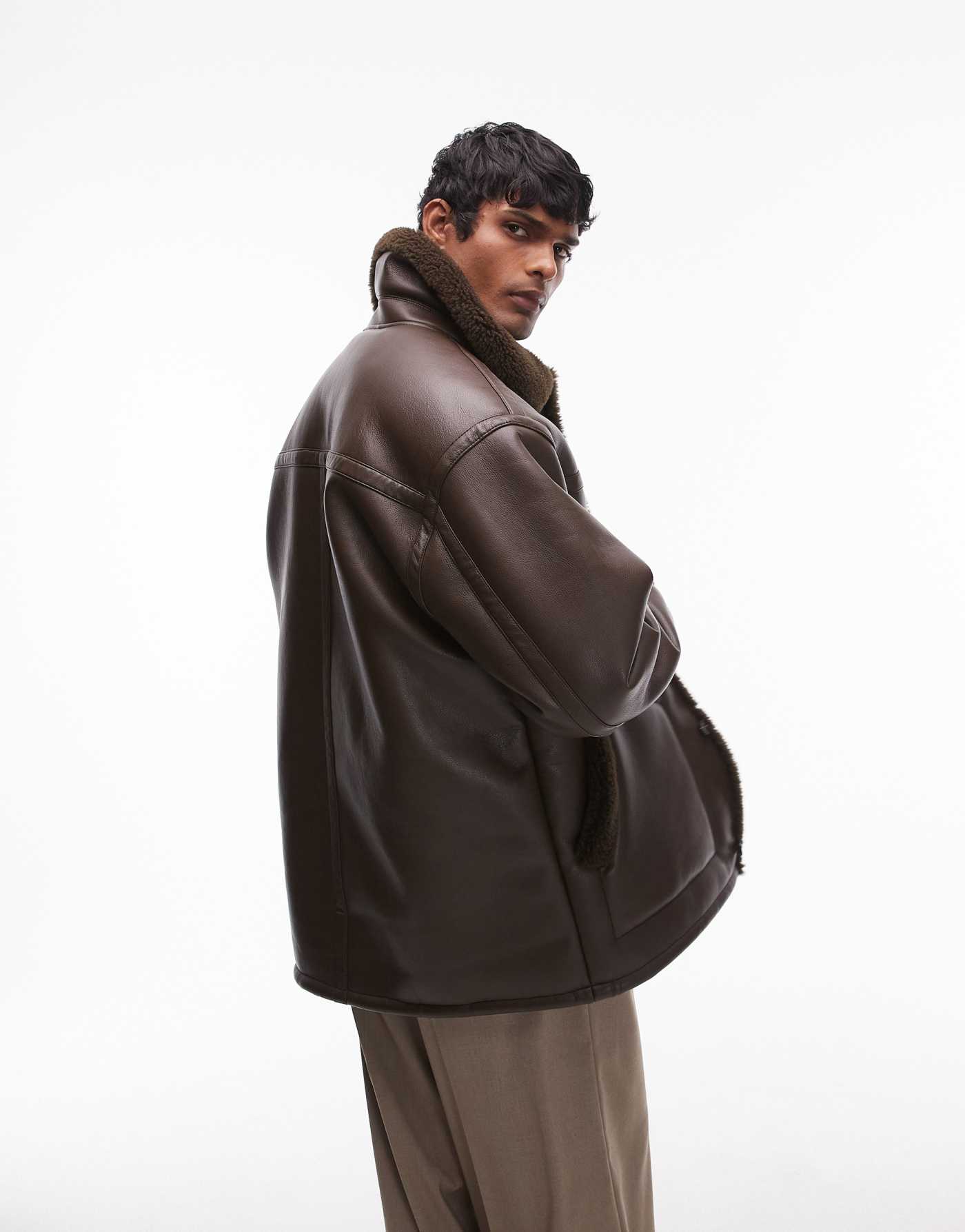 Topman faux shearling jacket with shearling collar in brown