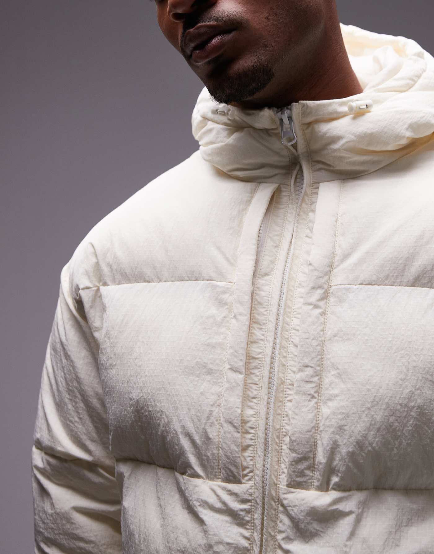 Topman textured hooded puffer jacket in ecru