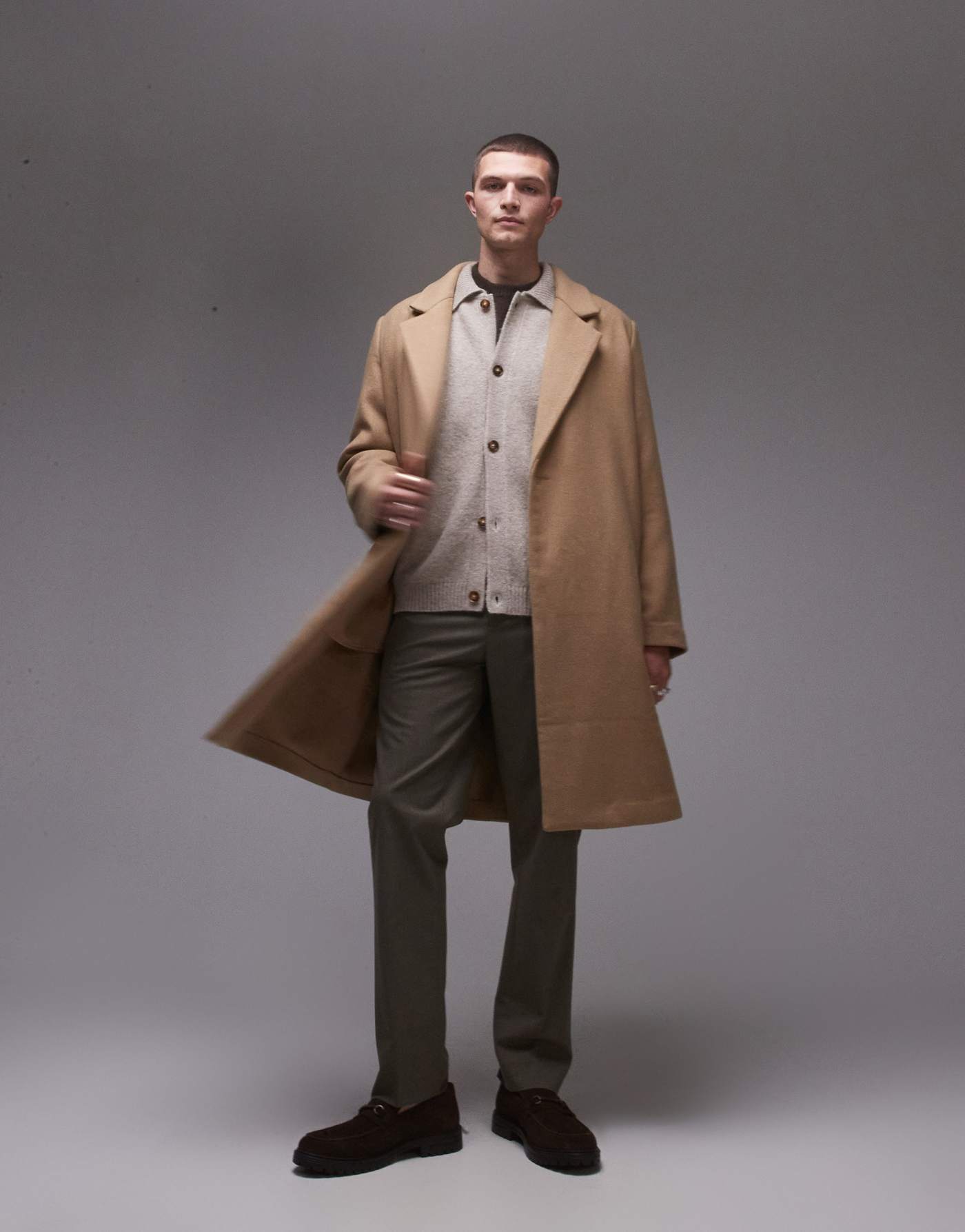 Topman single breasted overcoat in camel