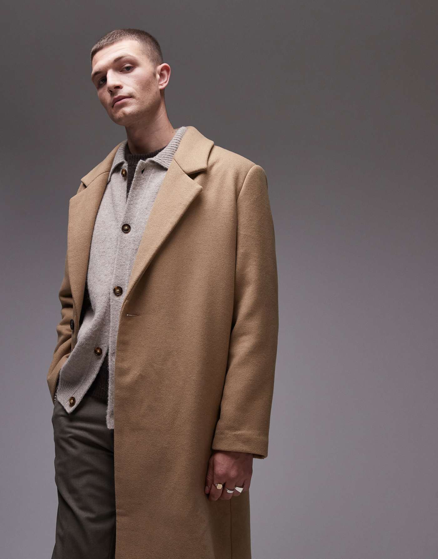 Topman single breasted overcoat in camel