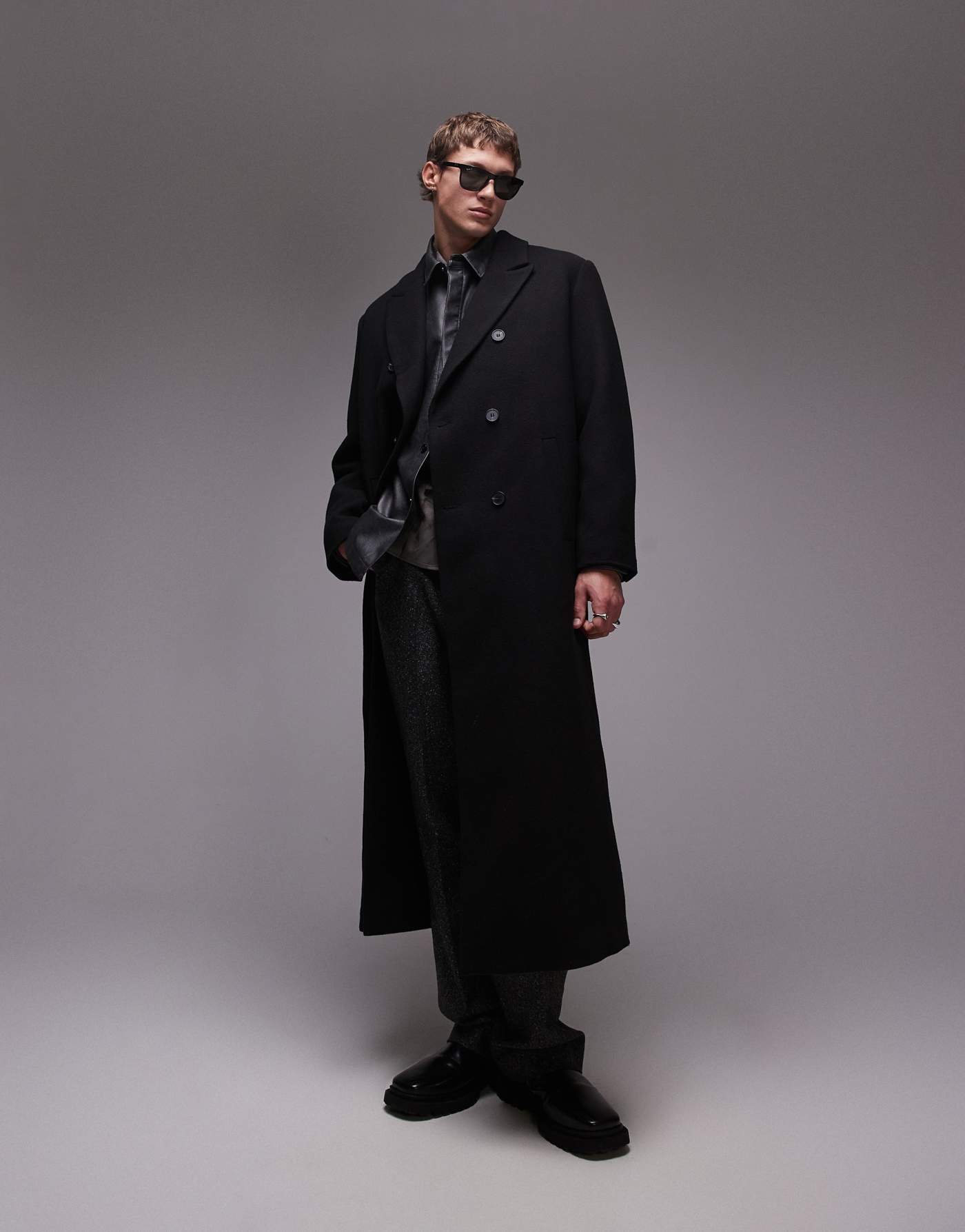 Topman premium single breasted overcoat with wool in black