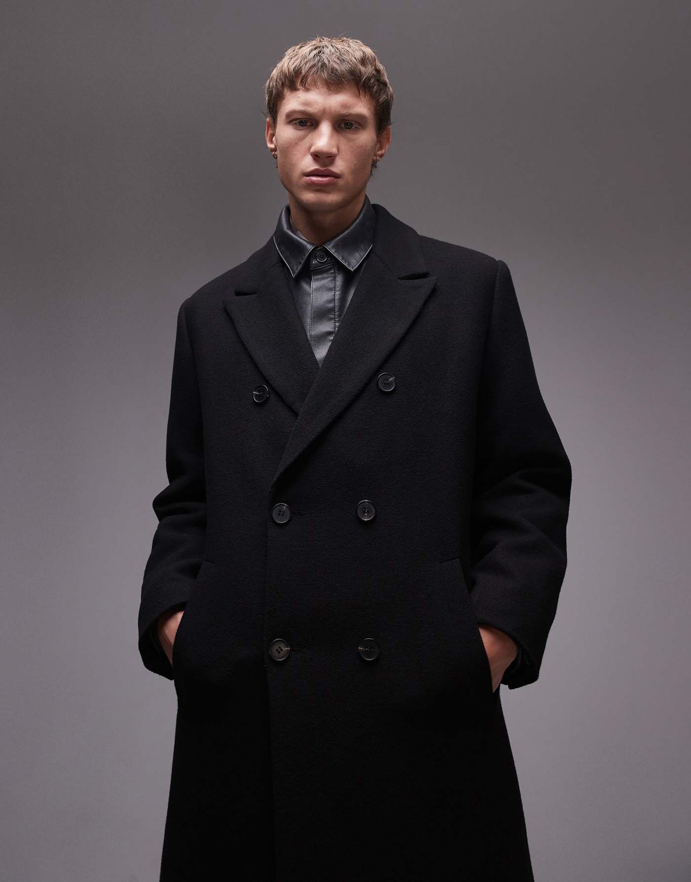 Topman premium single breasted overcoat with wool in black