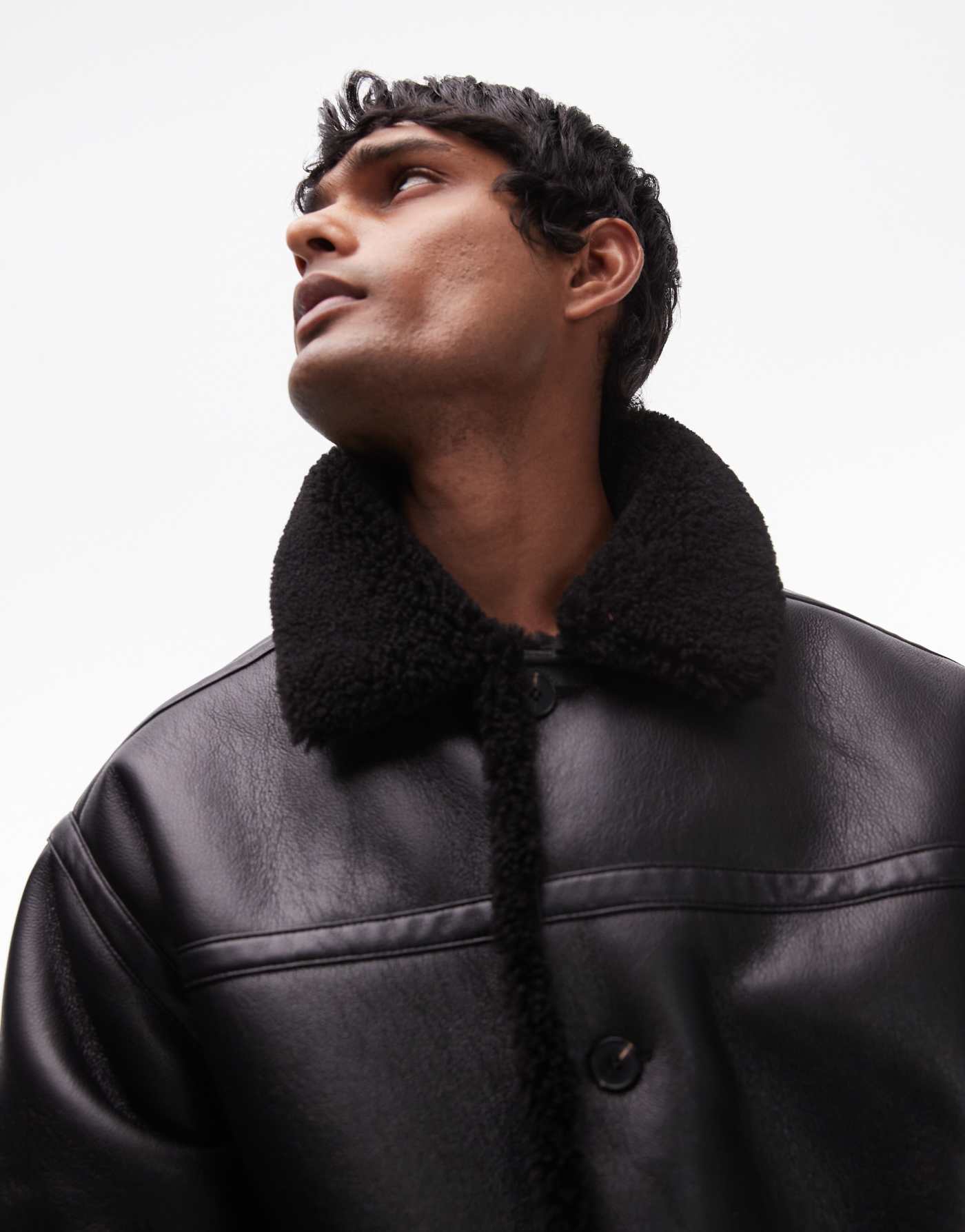 Topman faux shearling jacket with shearling collar in black