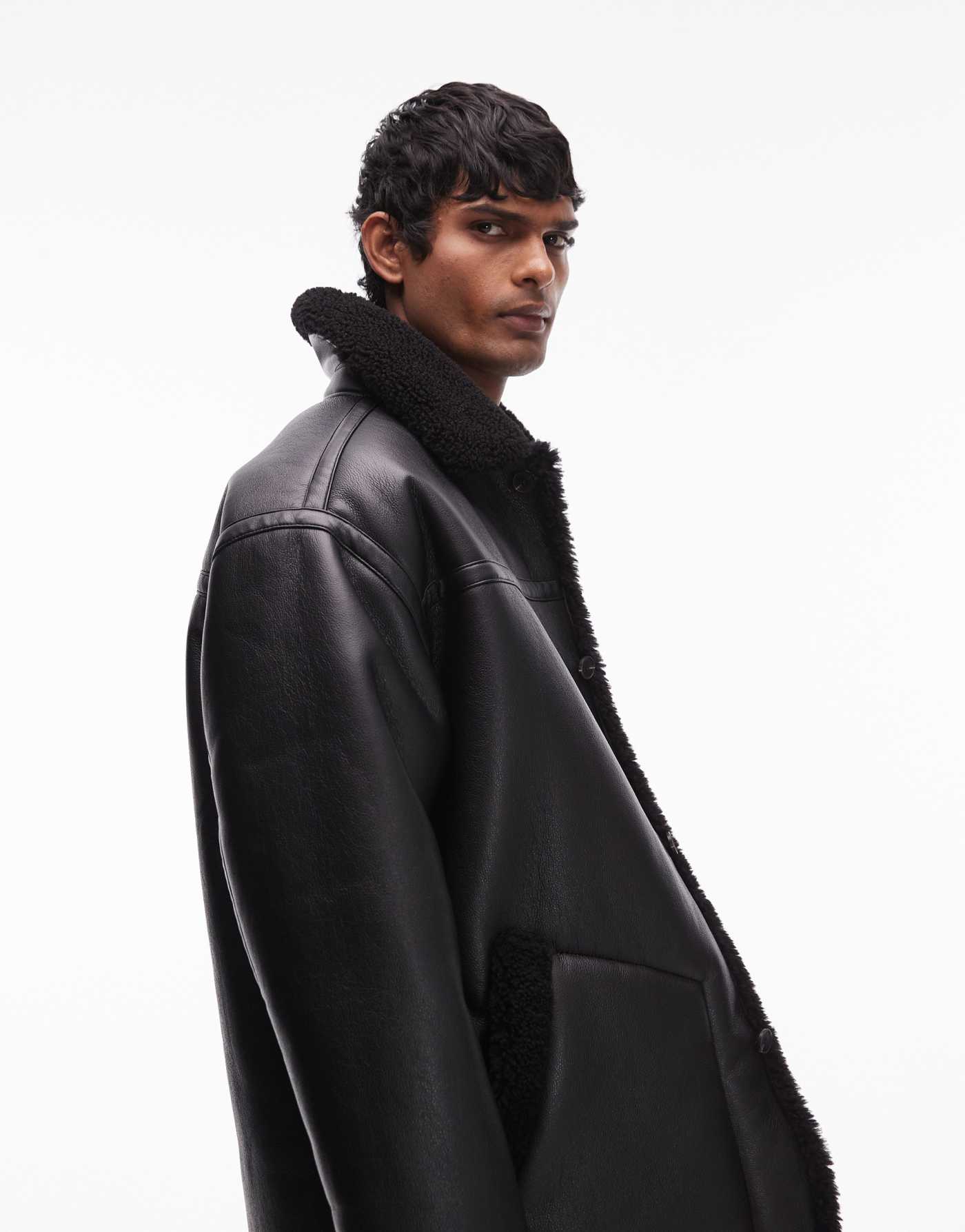 Topman faux shearling jacket with shearling collar in black