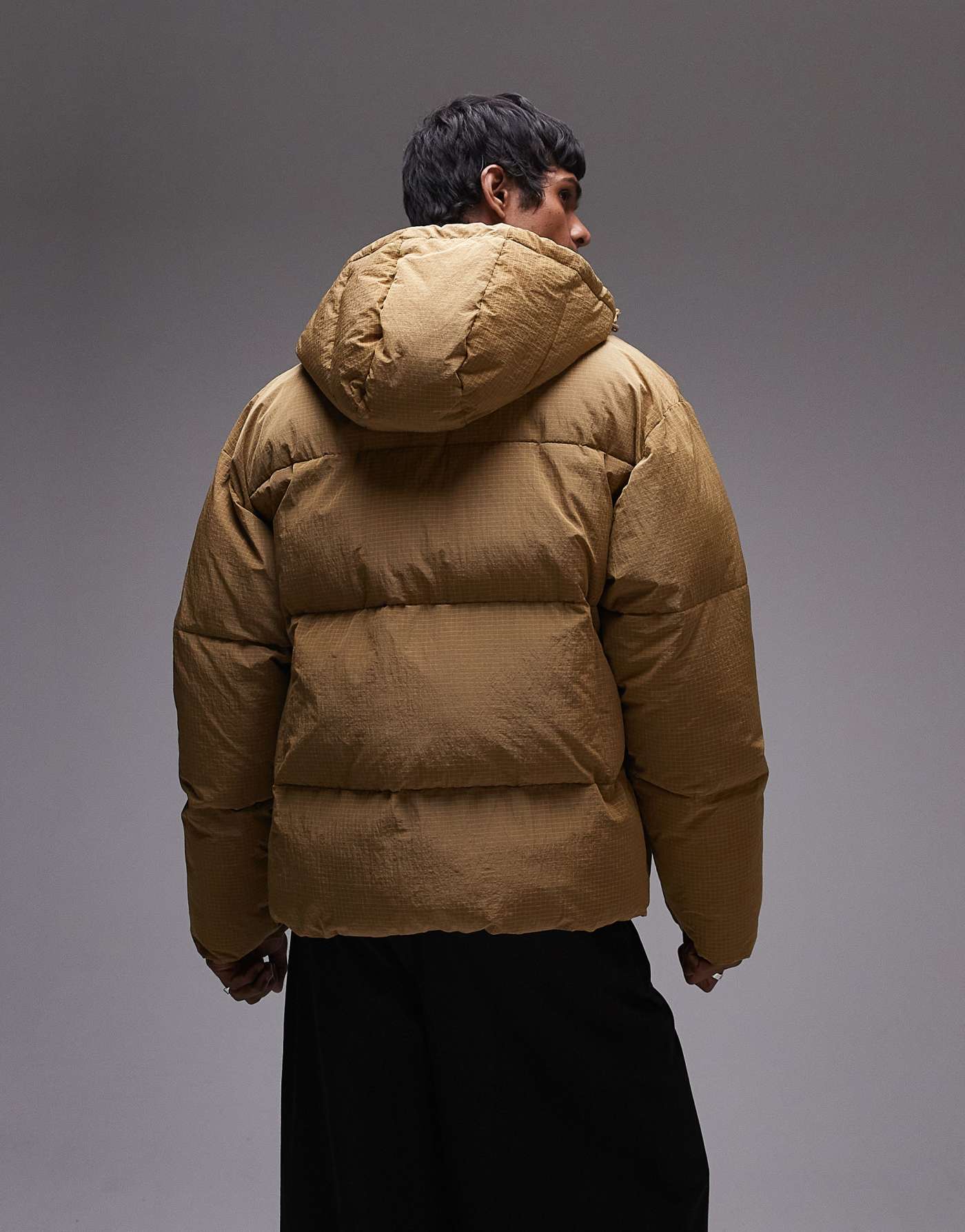 Topman textured hooded puffer jacket in mustard