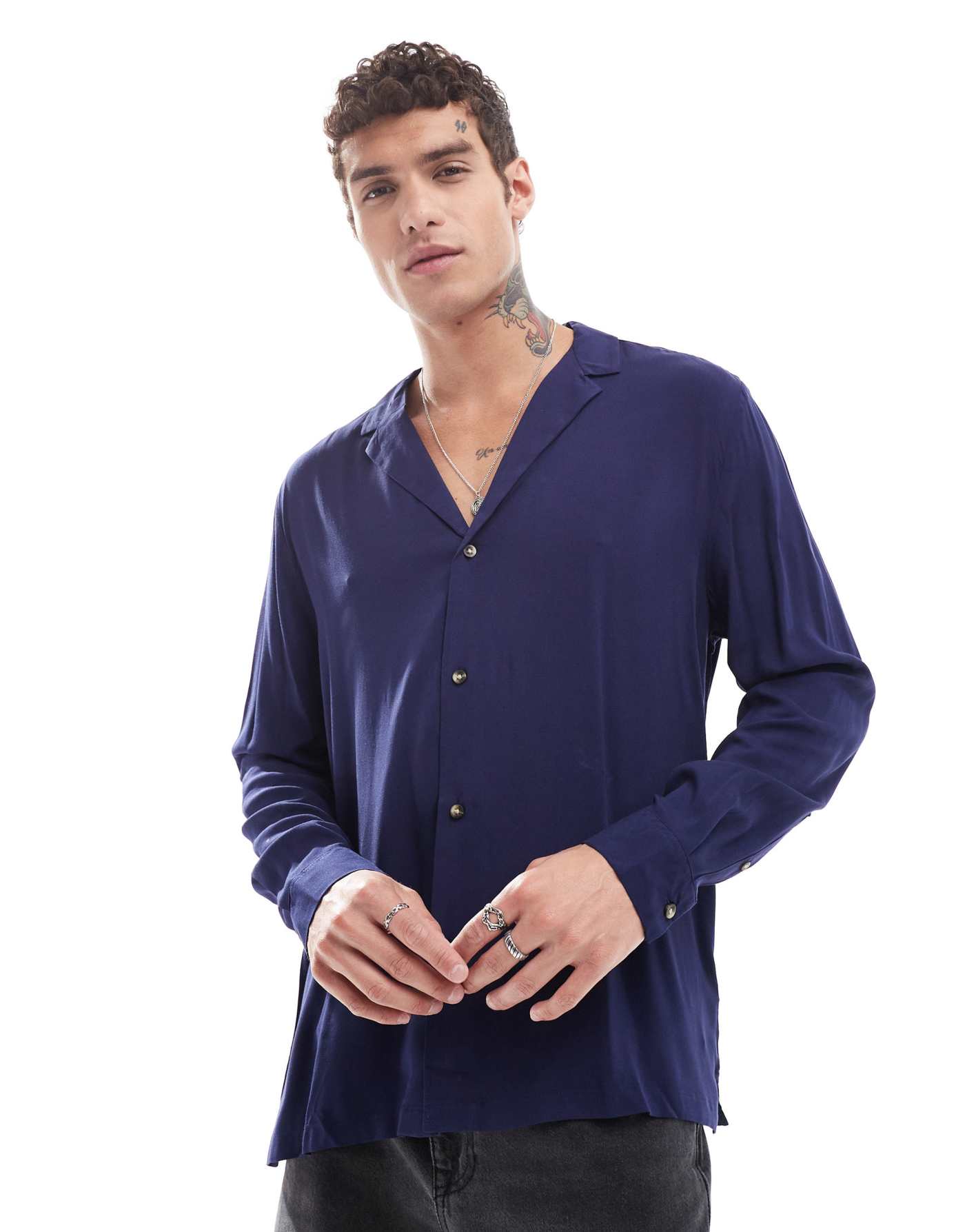 ASOS DESIGN relaxed deep revere viscose shirt in navy