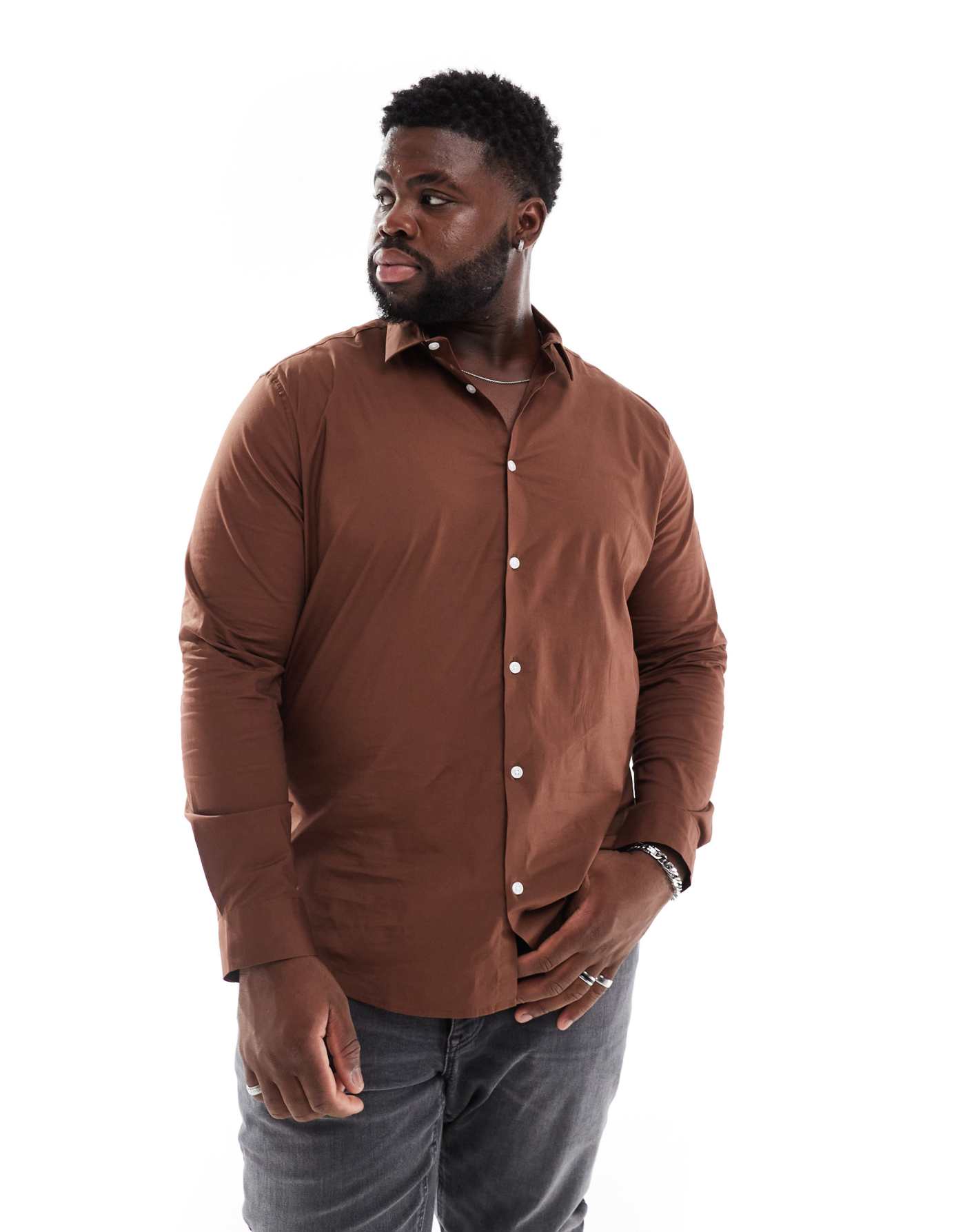 ASOS DESIGN skinny poplin shirt with square collar in brown