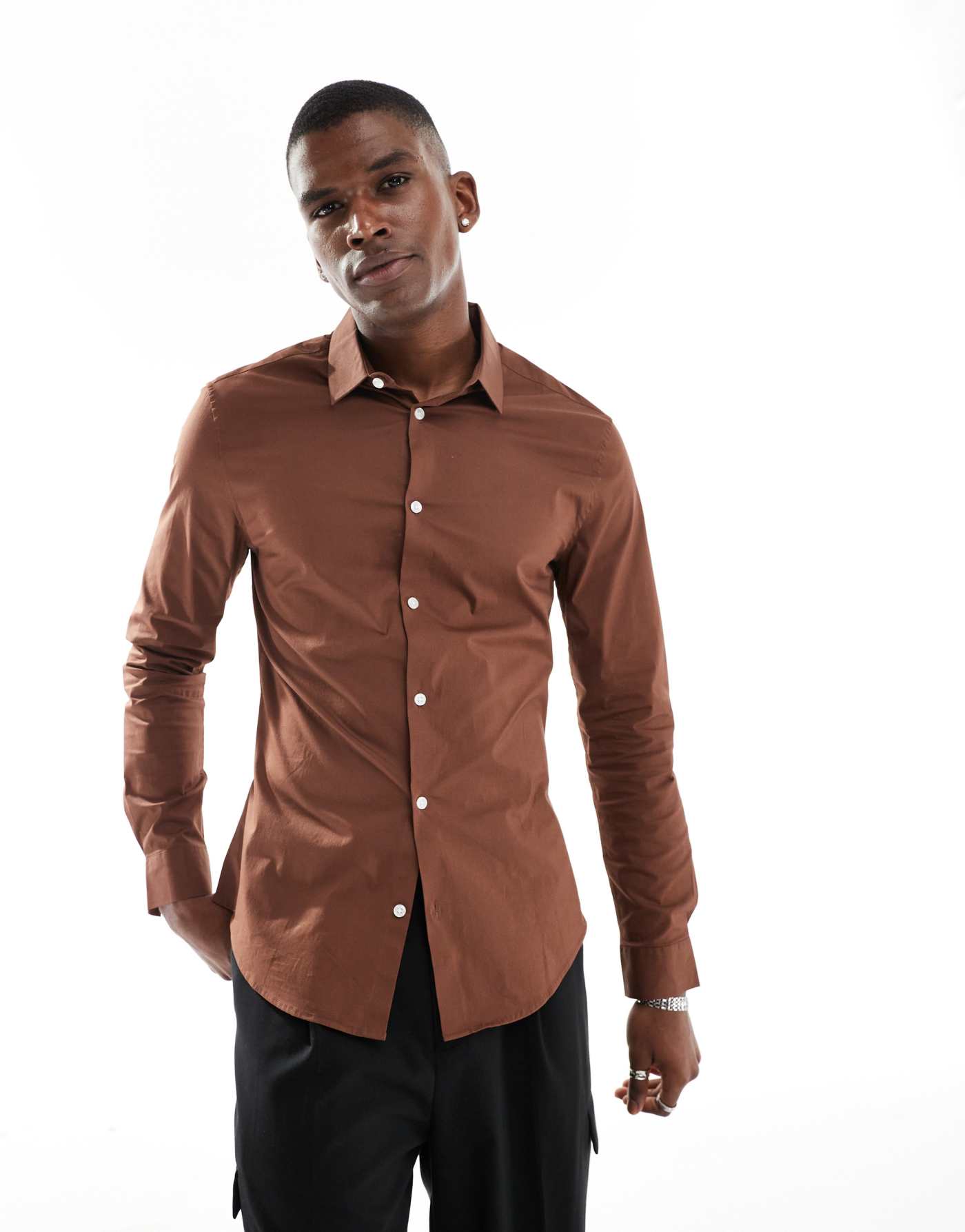 ASOS DESIGN skinny poplin shirt with square collar in brown