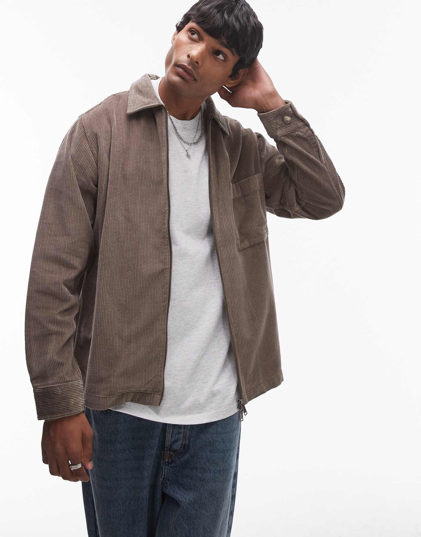 Selected Homme zip through cord shirt in tan