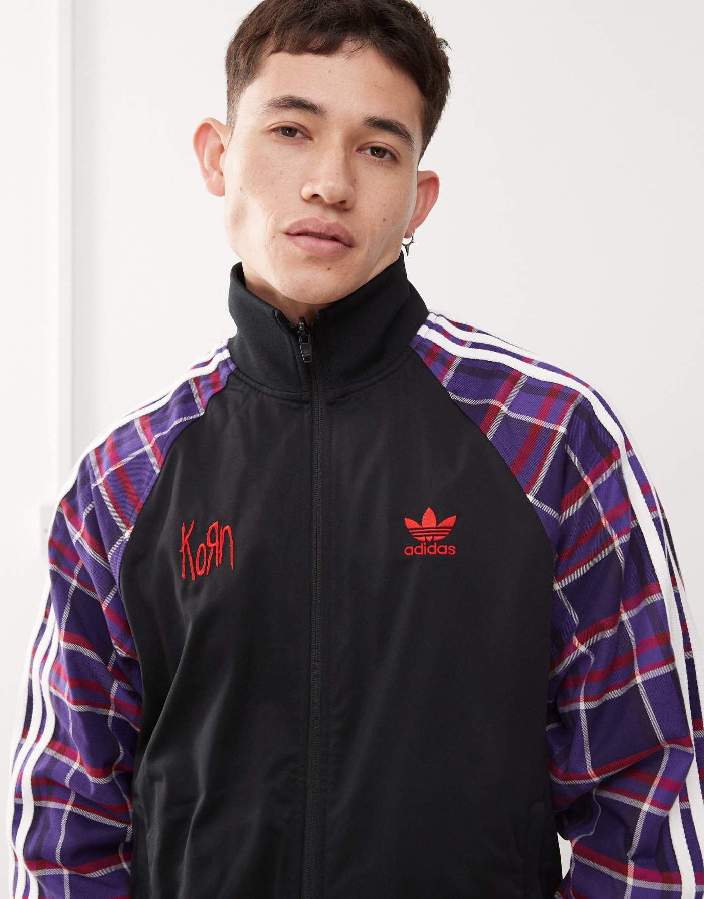 adidas Originals x KoRn reversible track top in black, red and purple tartan