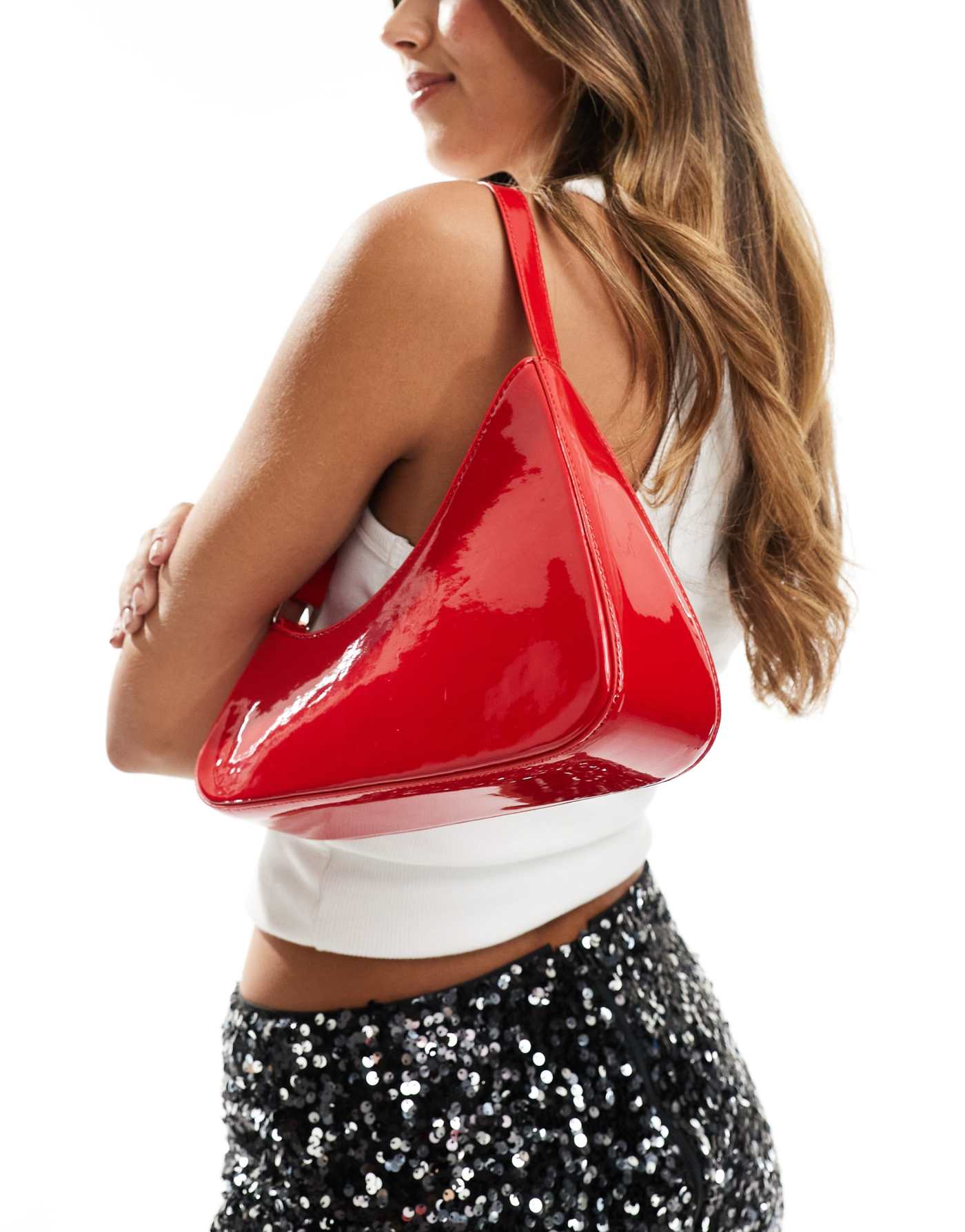 Public Desire Morgan asymmetric shoulder bag in red patent