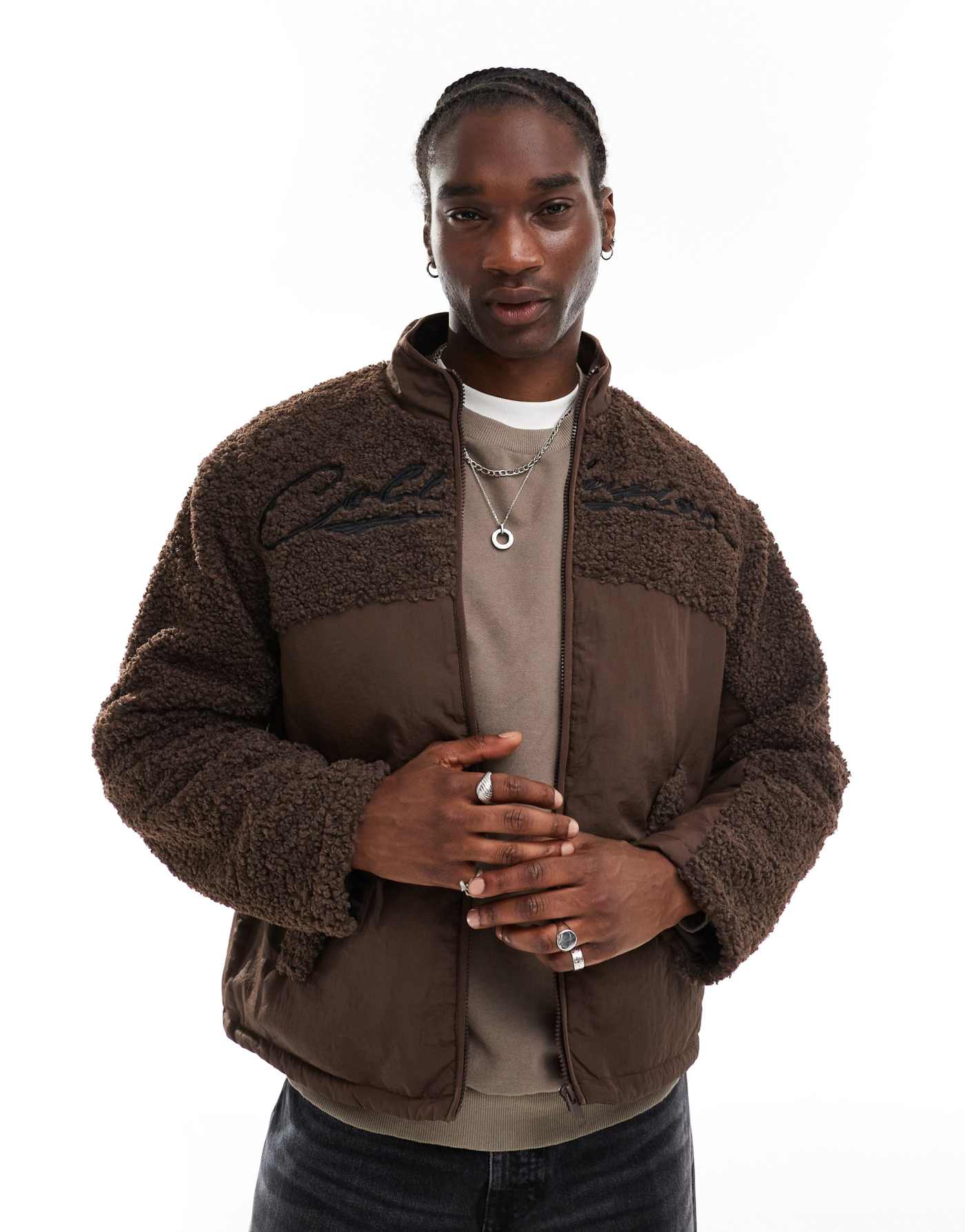 COLLUSION borg and nylon jacket in brown