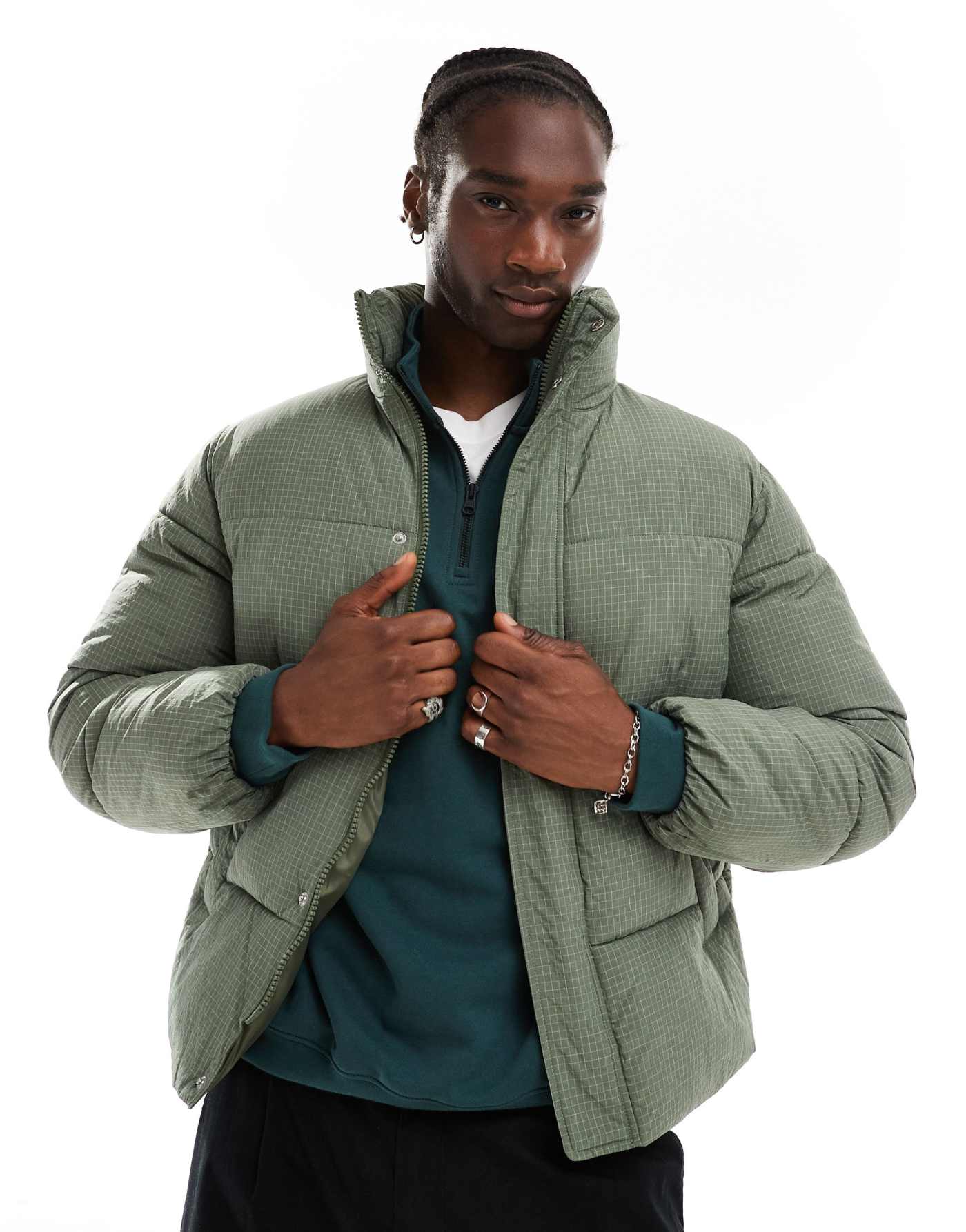 COLLUSION funnel neck ripstop padded puffer jacket in khaki