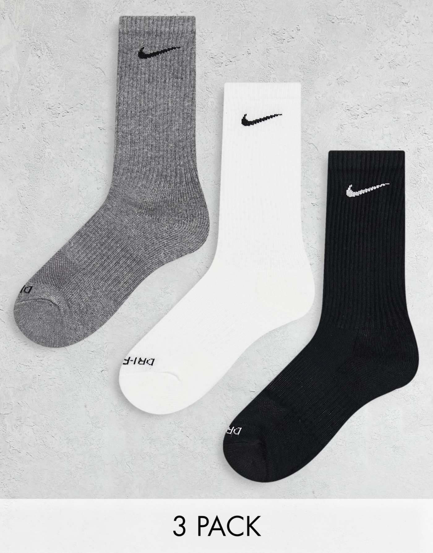 Nike Training Everyday Cushioned Plus 3 pack crew socks in white, grey and black