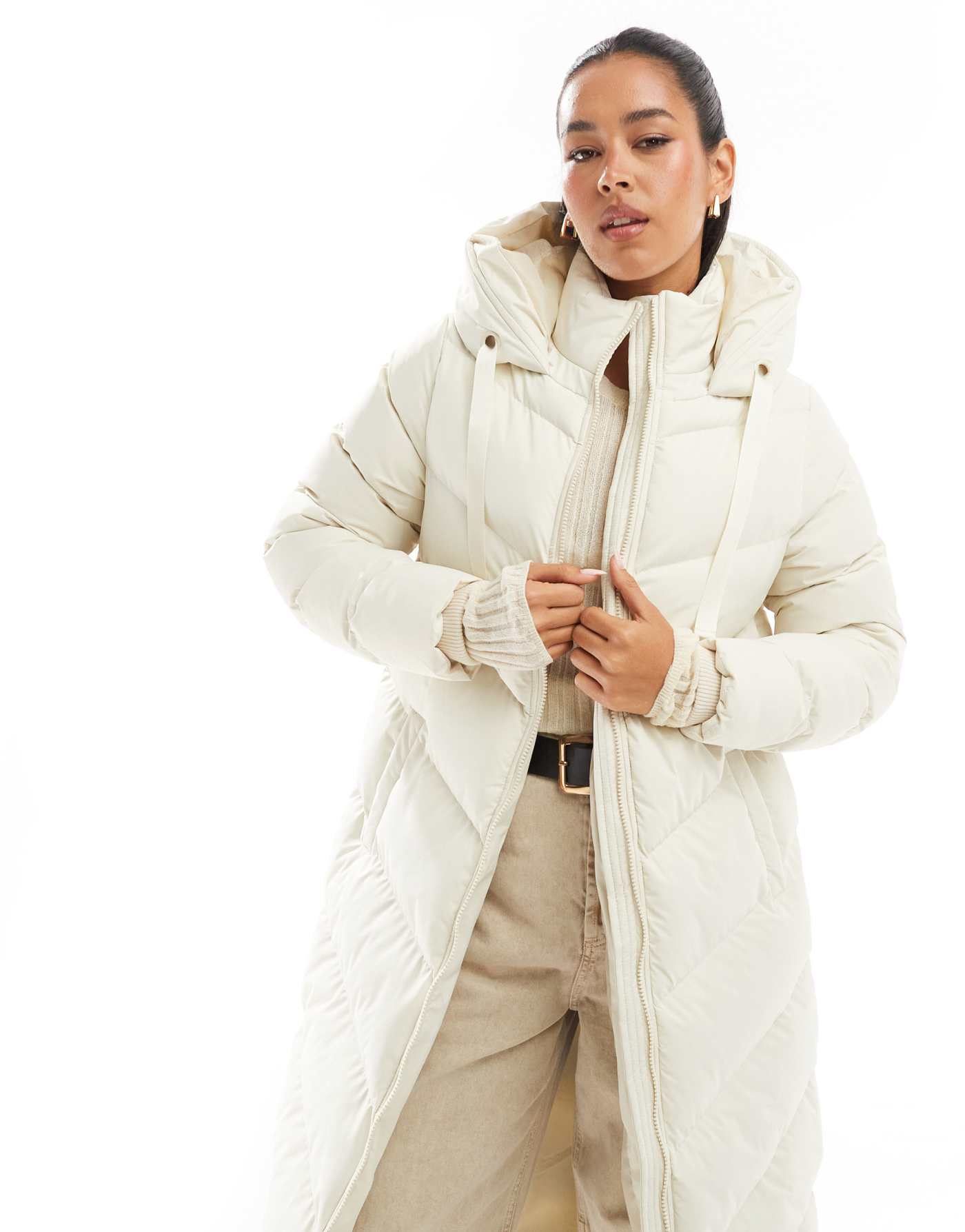 Threadbare full length hooded puffer in cream