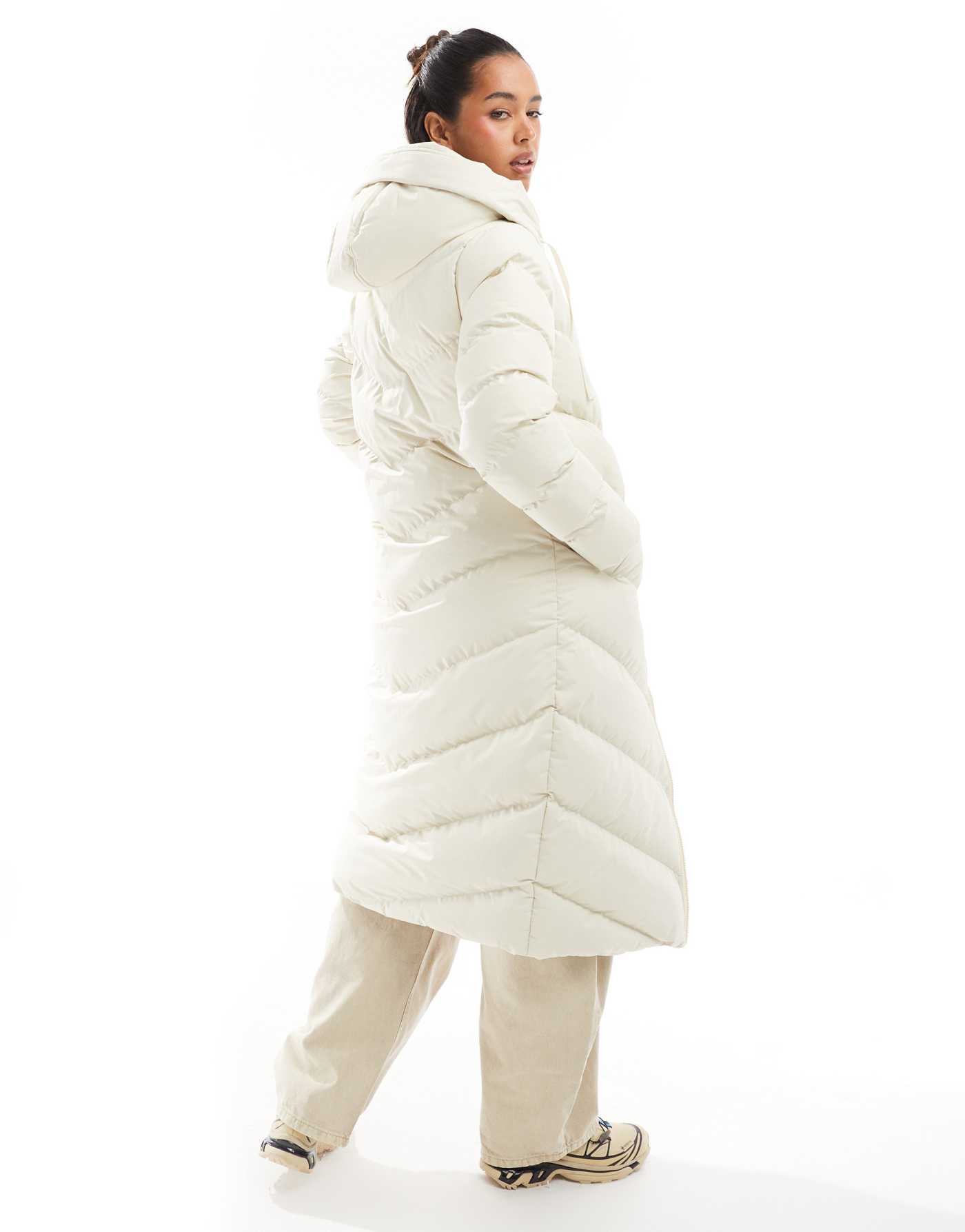 Threadbare full length hooded puffer in cream