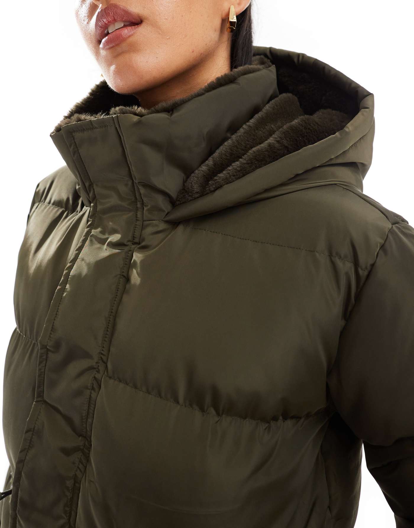 Threadbare waist detail puffer with faux fur collar in green