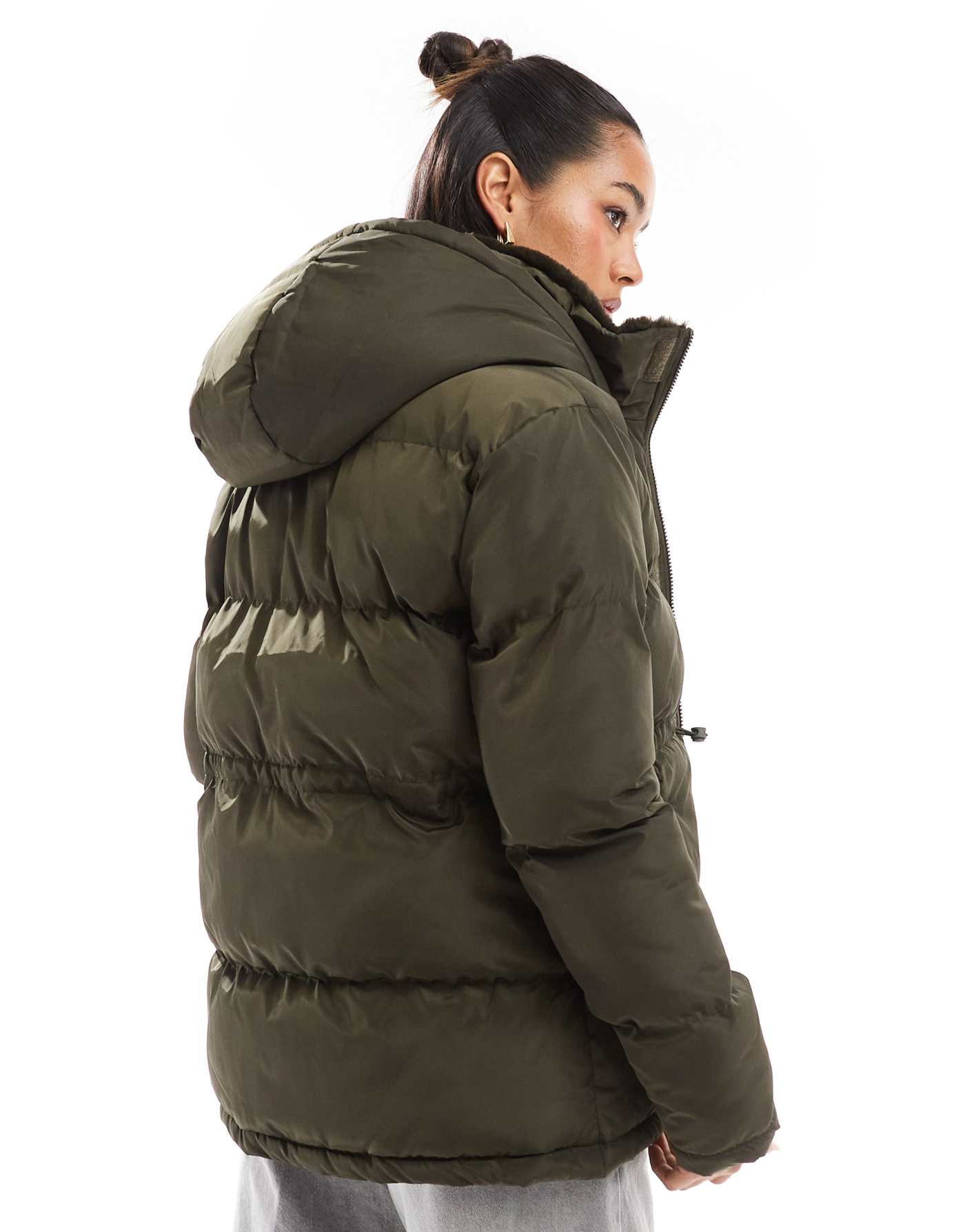 Threadbare waist detail puffer with faux fur collar in green