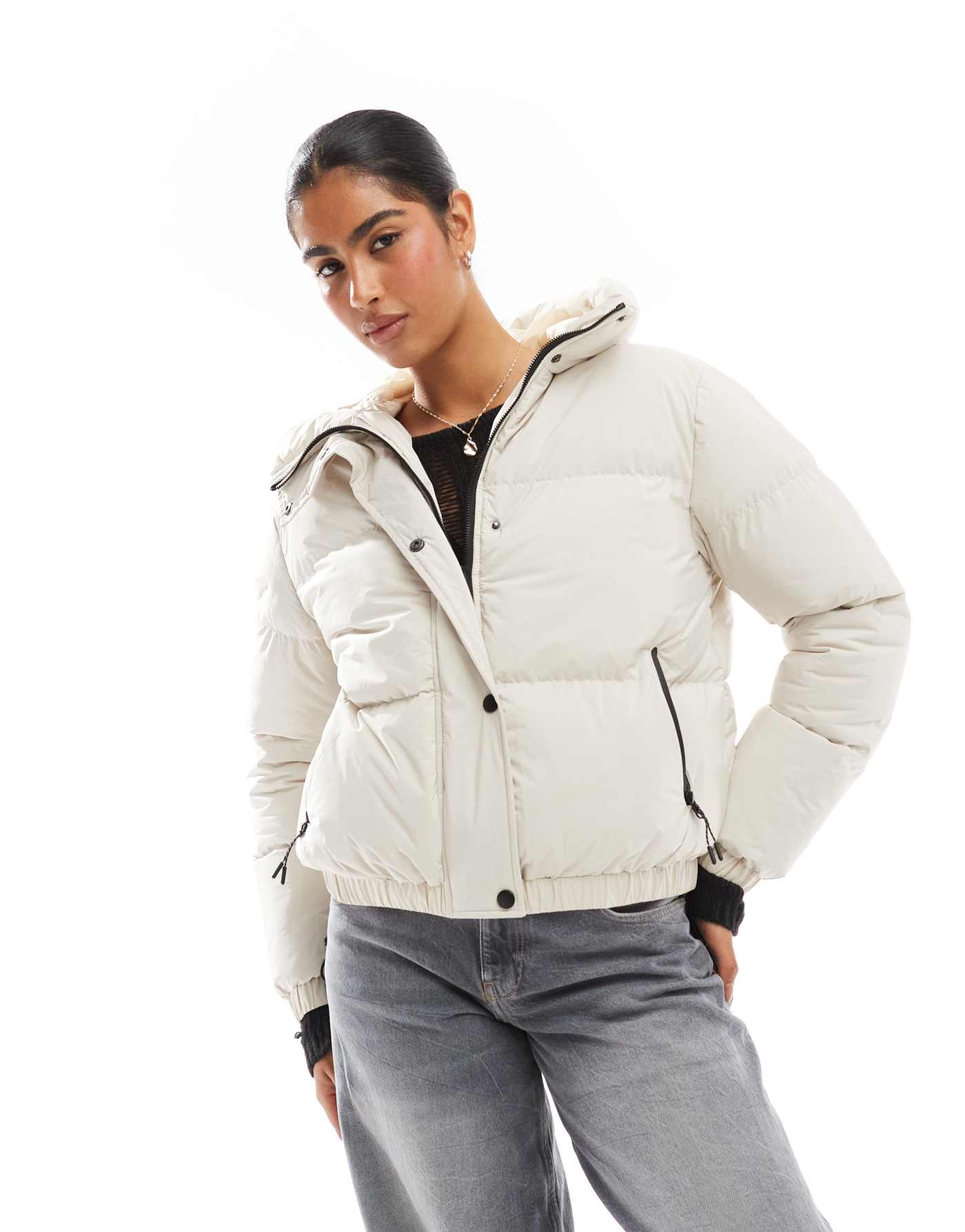 Threadbare contrast short hooded puffer in white