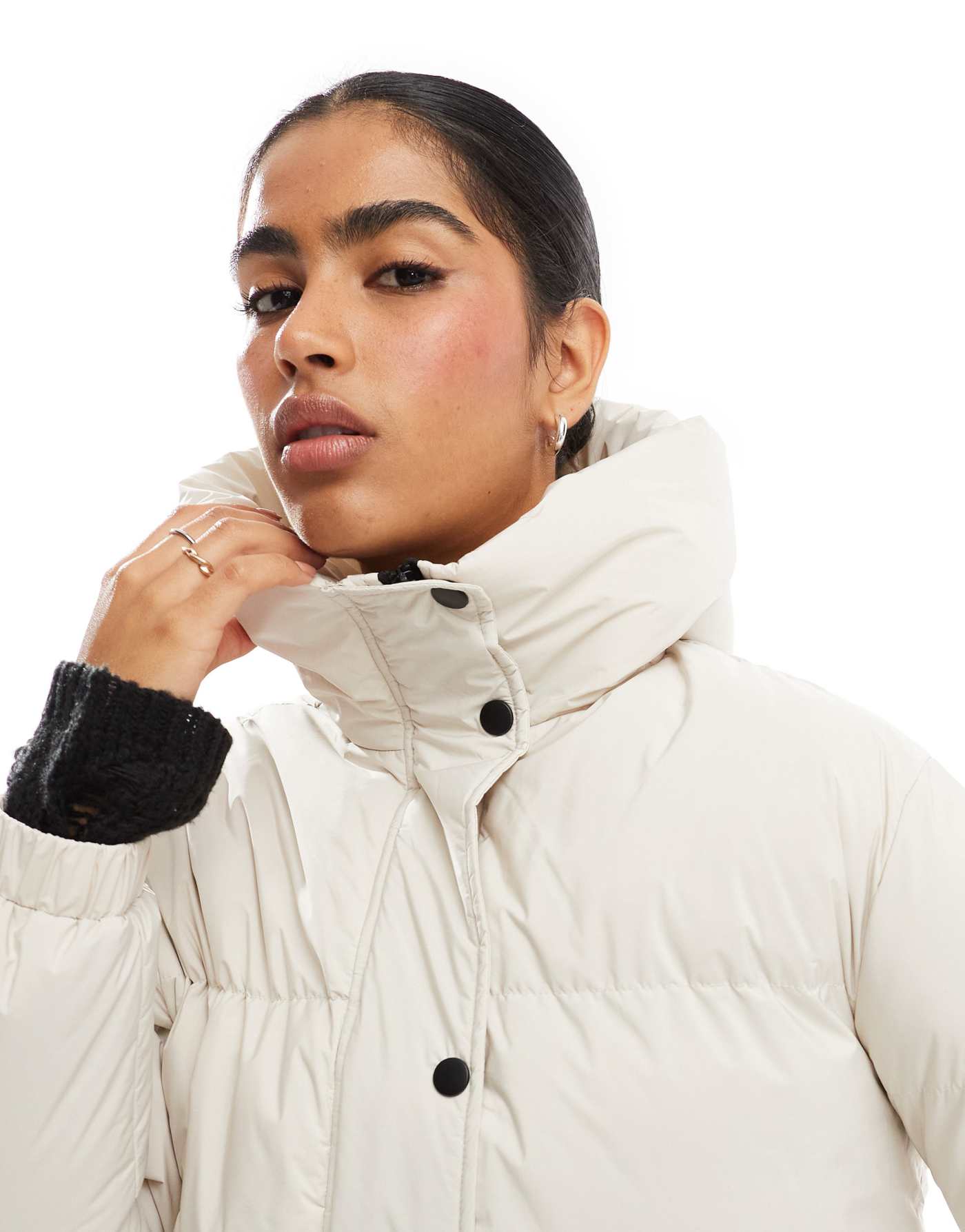 Threadbare contrast short hooded puffer in white