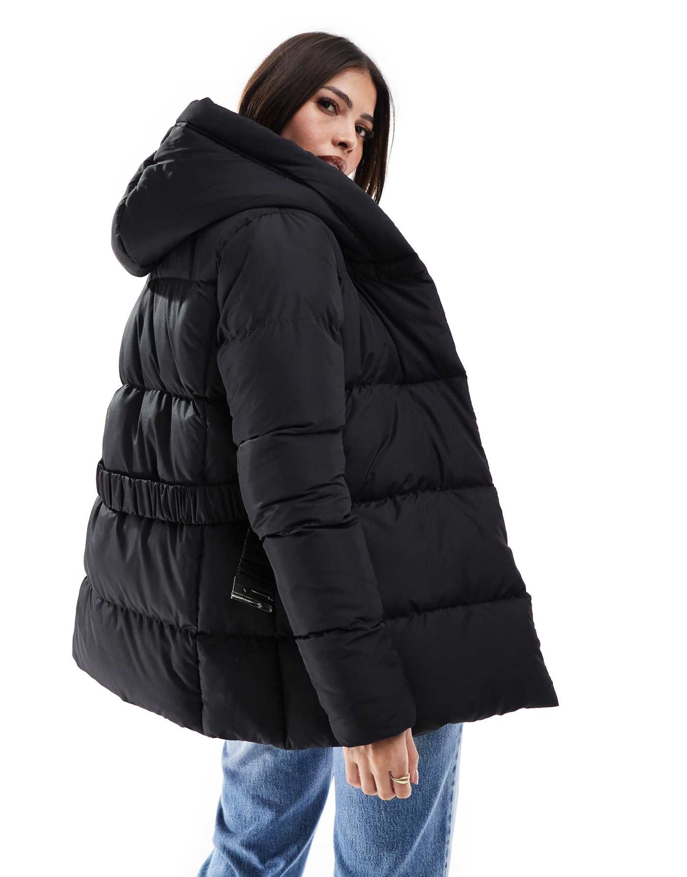 Threadbare side fasten hooded puffer in black