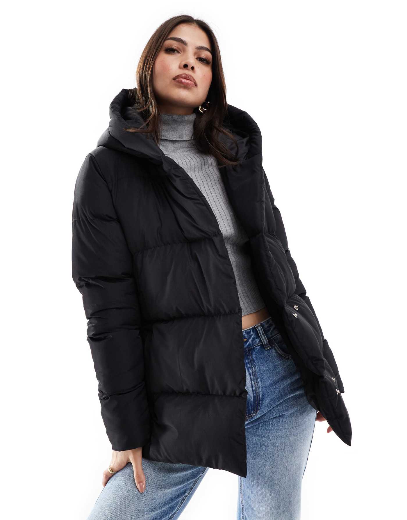 Threadbare side fasten hooded puffer in black