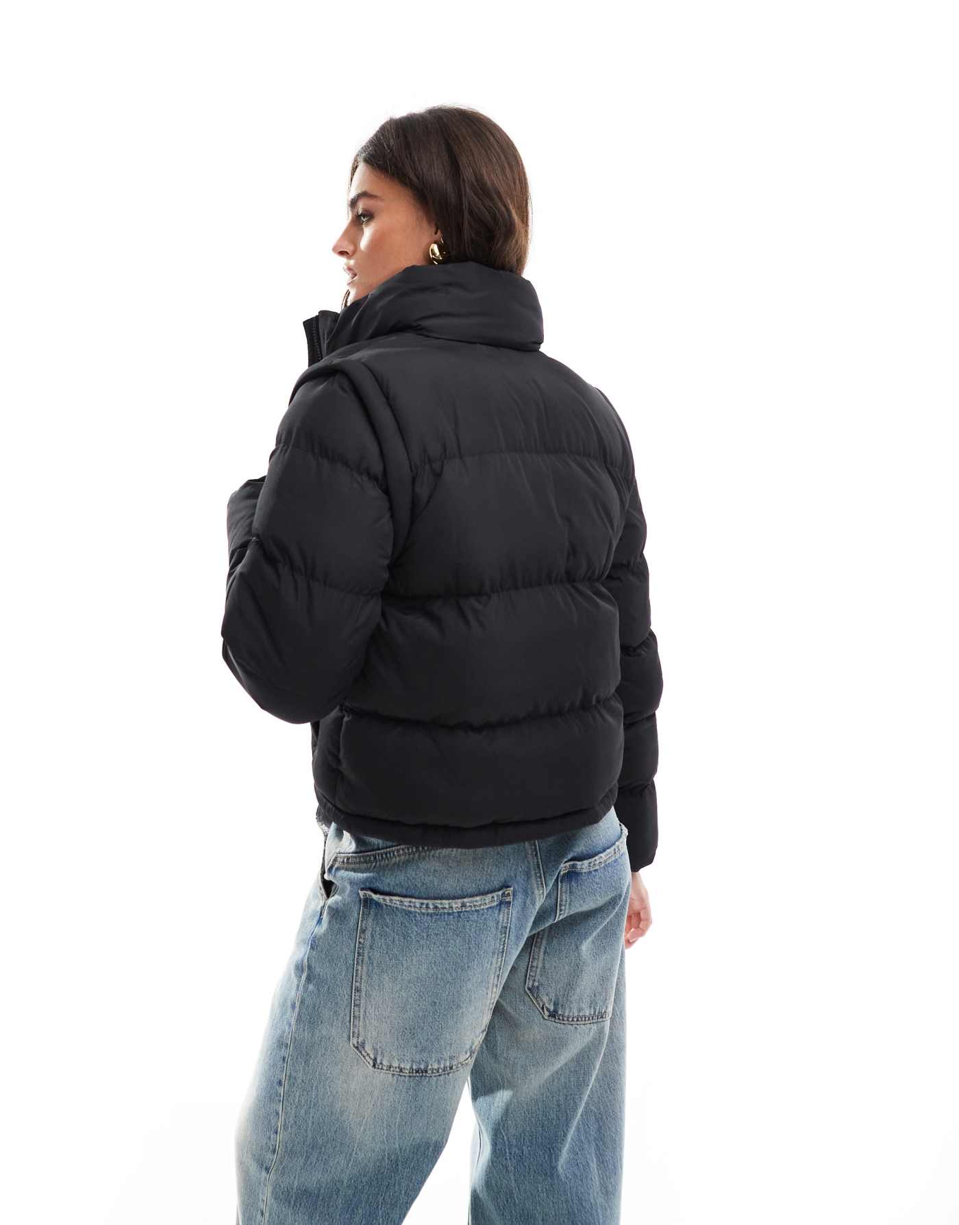 Threadbare short zip up puffer with hood in black