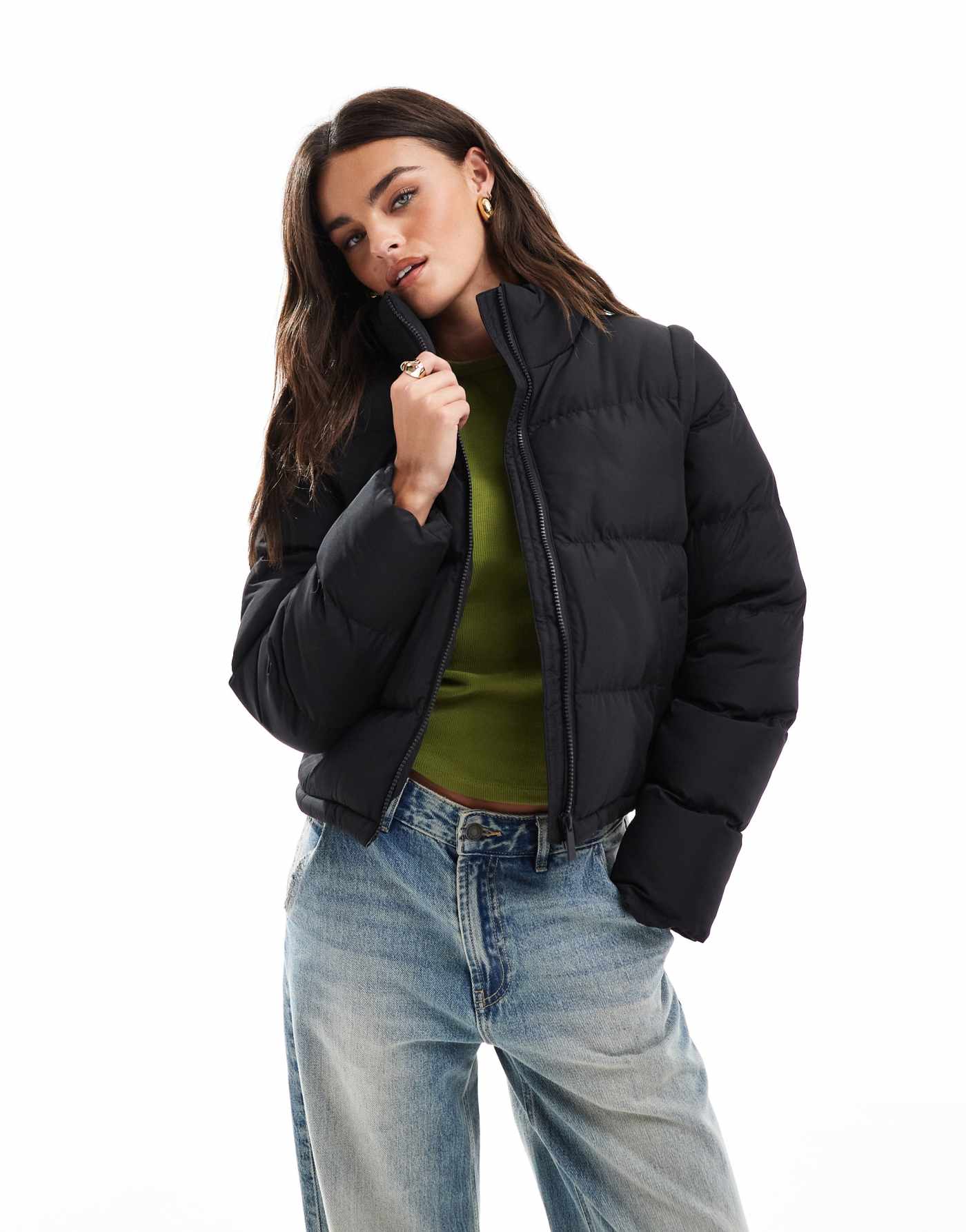 Threadbare short zip up puffer with hood in black