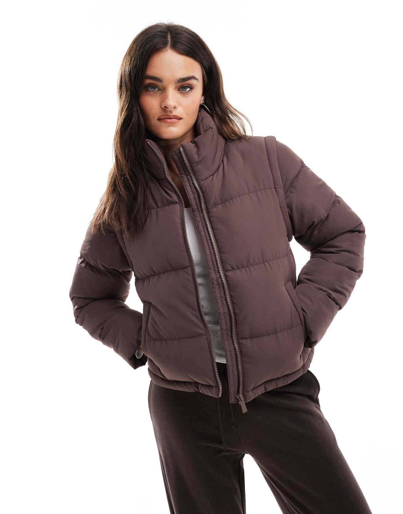 Threadbare short zip up puffer with hood in brown