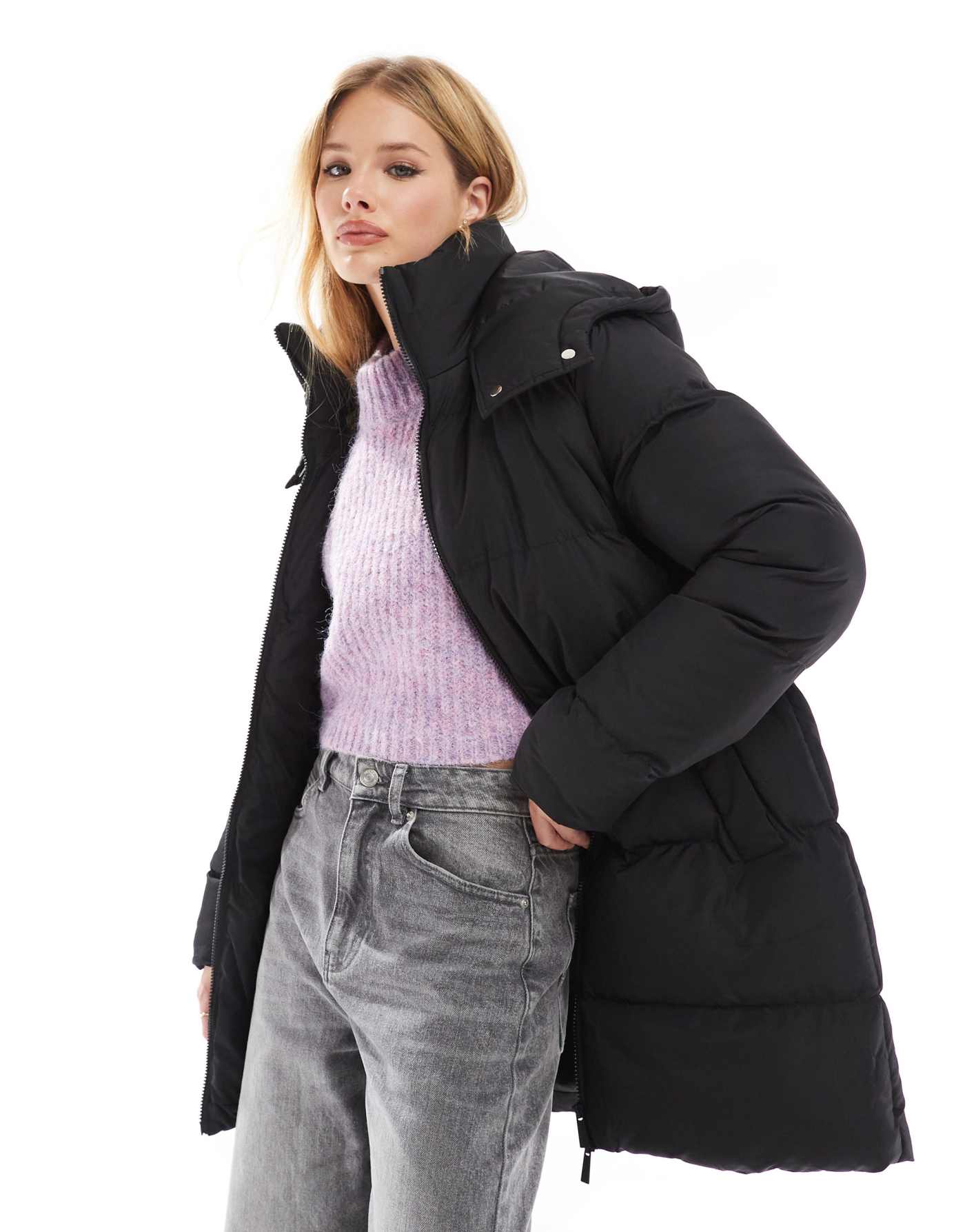 Threaded puffer coat with detachable hood in black