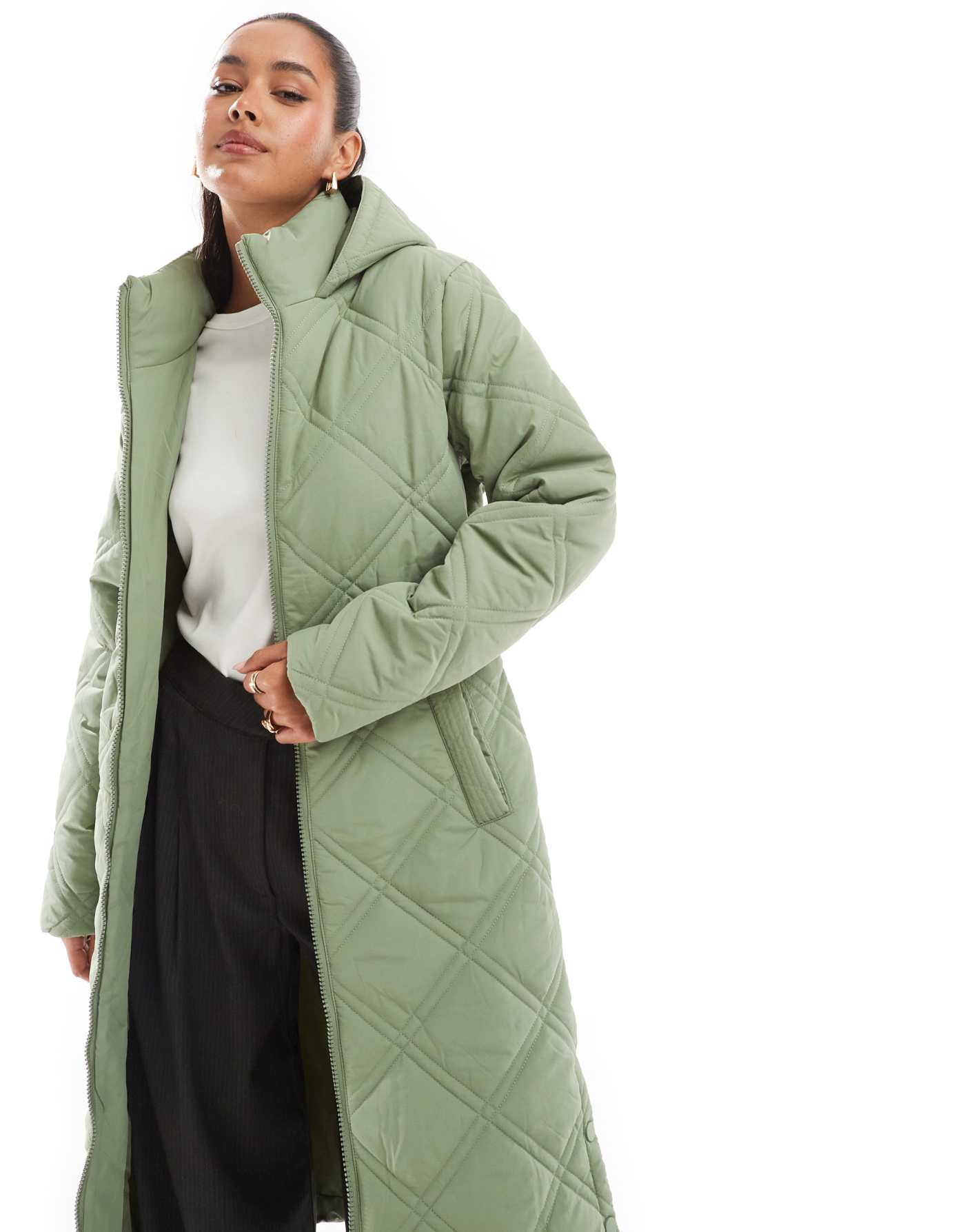 Threadbare full length quilted puffer in khaki