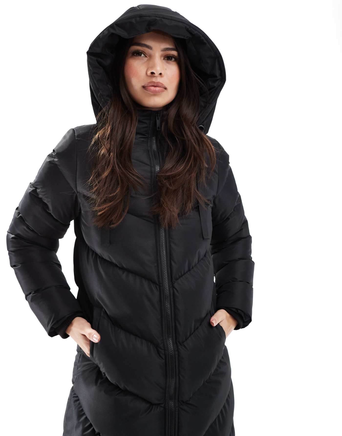 Threadbare full length hooded puffer in black