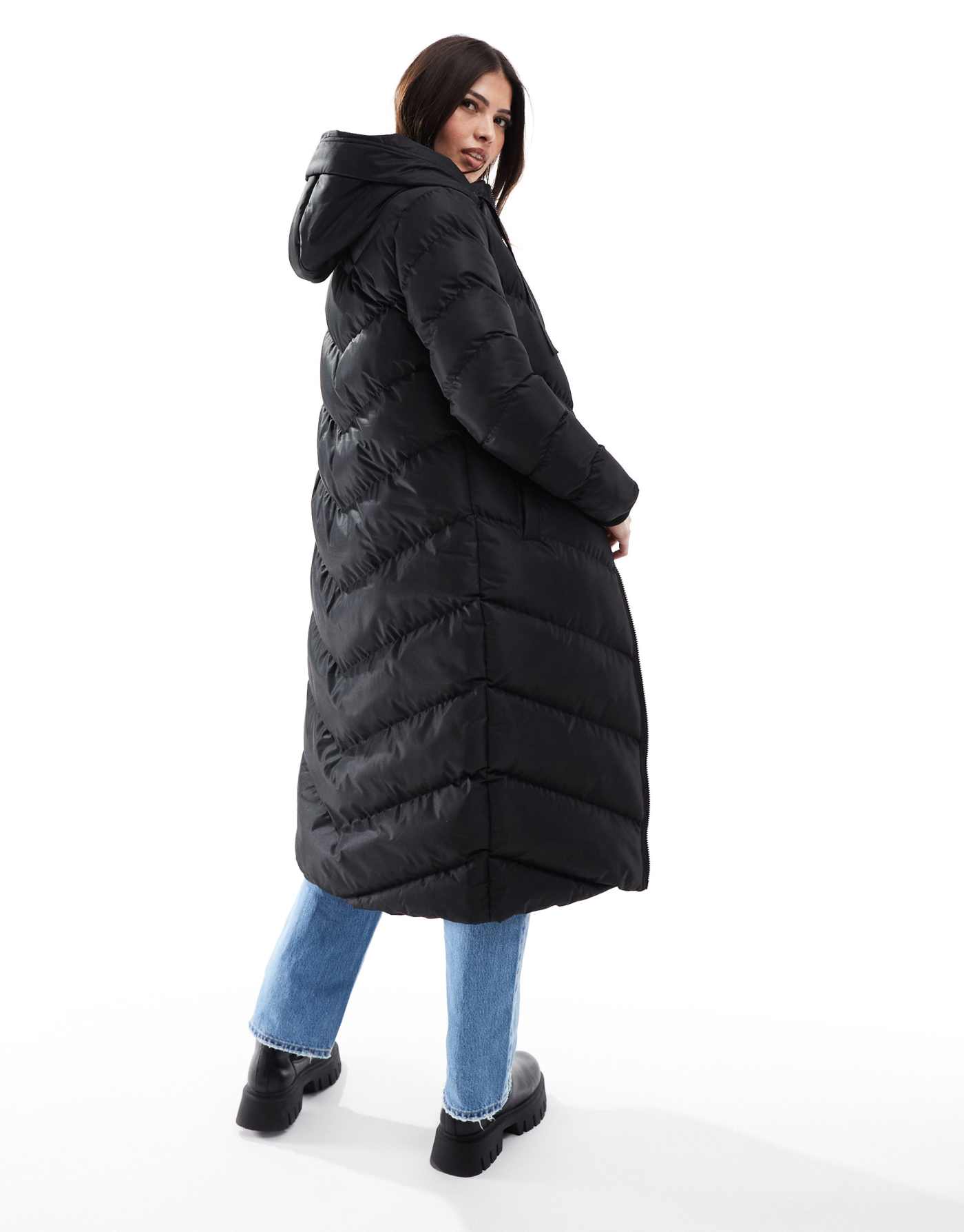 Threadbare full length hooded puffer in black