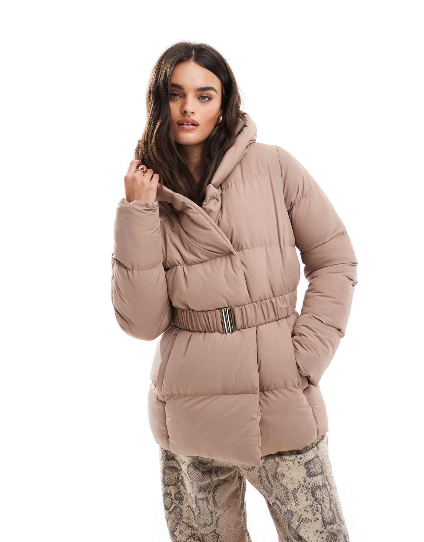 Threadbare side fasten hooded puffer in taupe