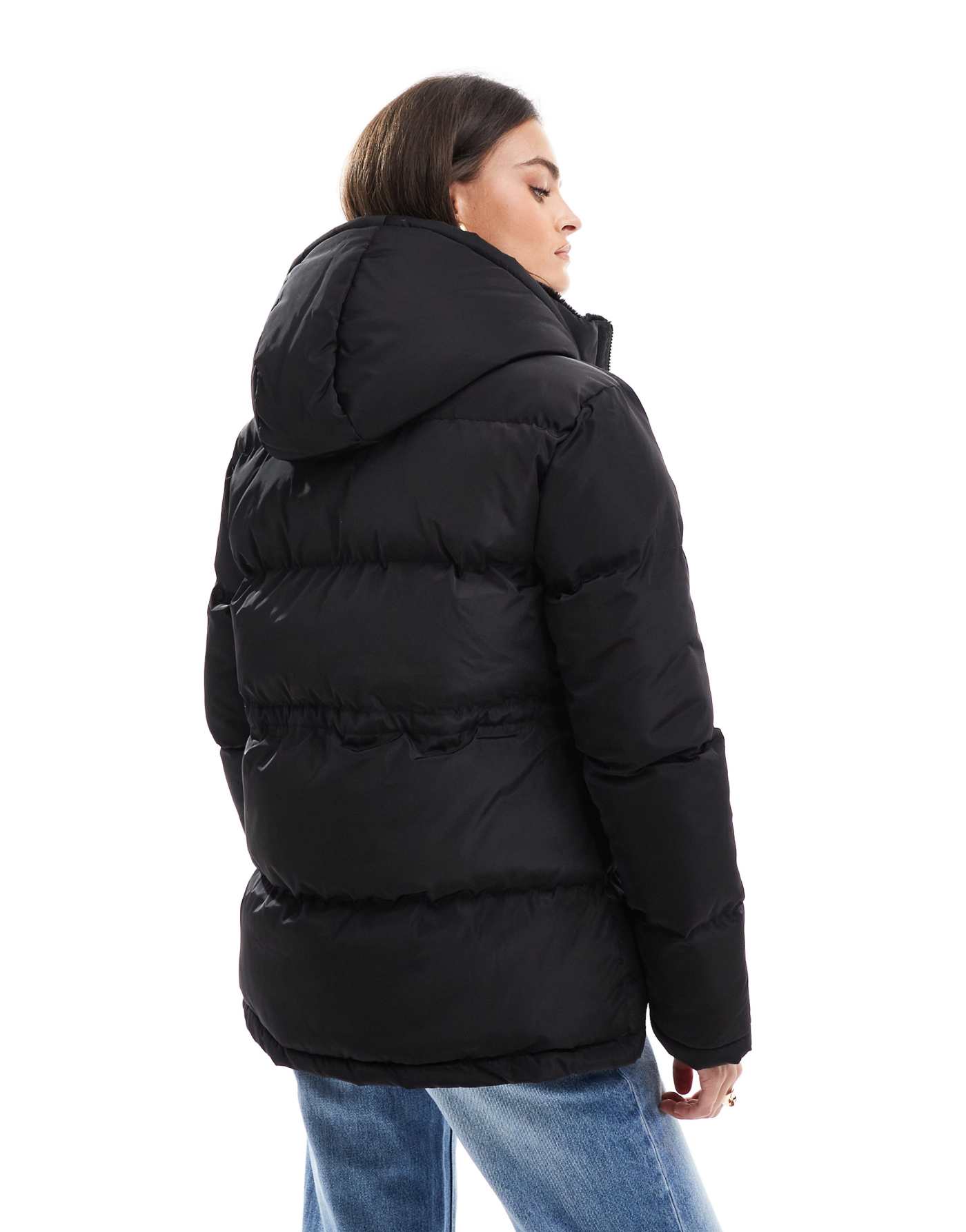 Threadbare waist detail puffer with faux fur collar in black