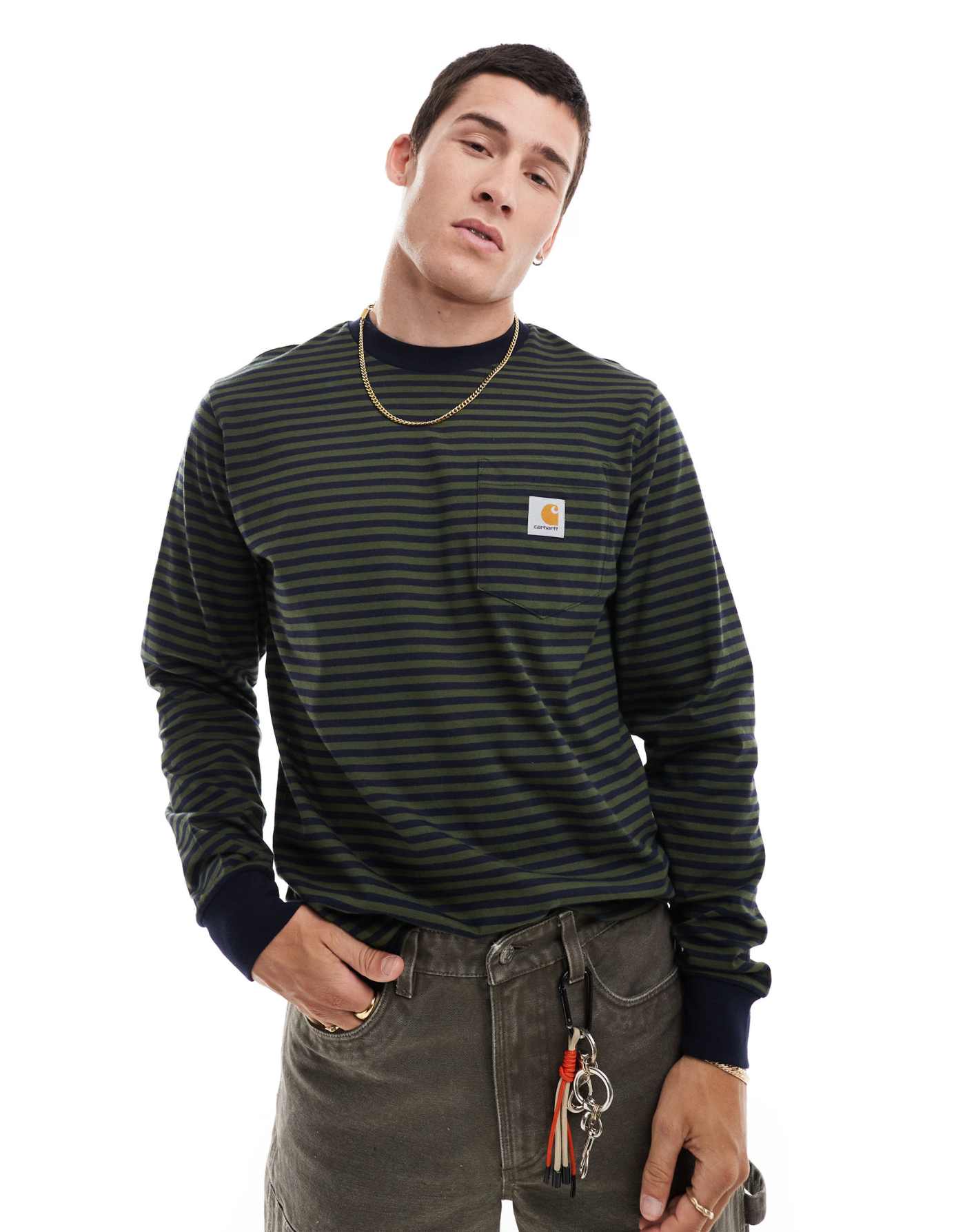 Carhartt WIP long sleeve verner pocket stripe t-shirt in navy