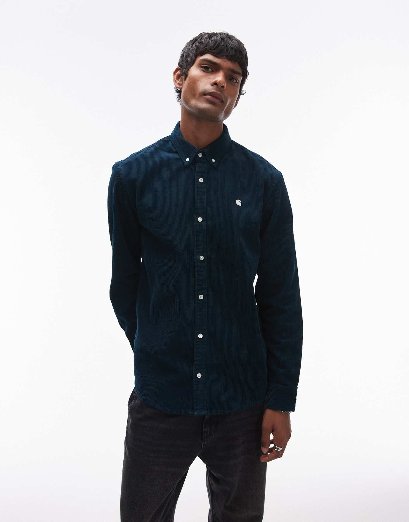 Carhartt WIP long sleeve madison cord shirt in teal